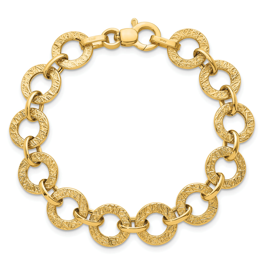 14K Polished and Textured 12mm Fancy Round Link 7 inch Bracelet