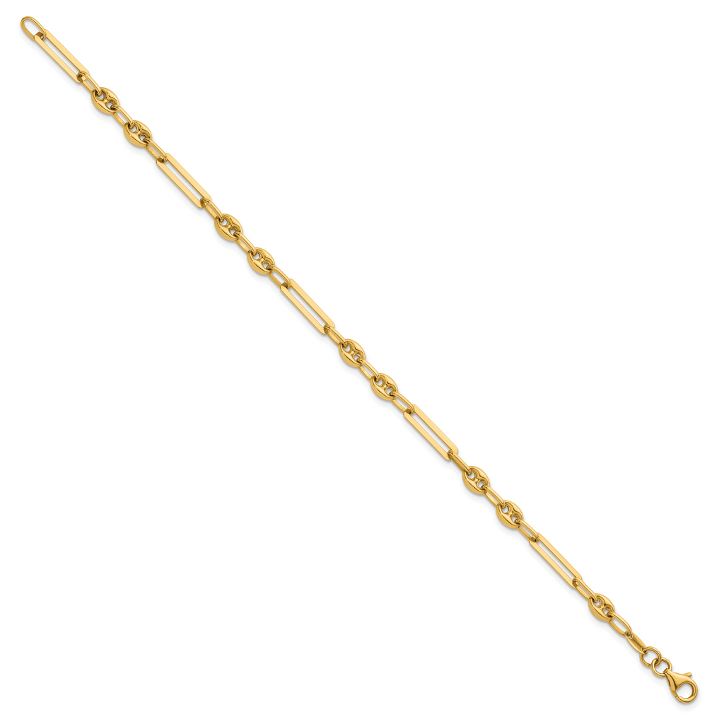 14K Polished 4mm Fancy Paperclip and Puffed Anchor/Mariner Link 7.5 inch Bracelet