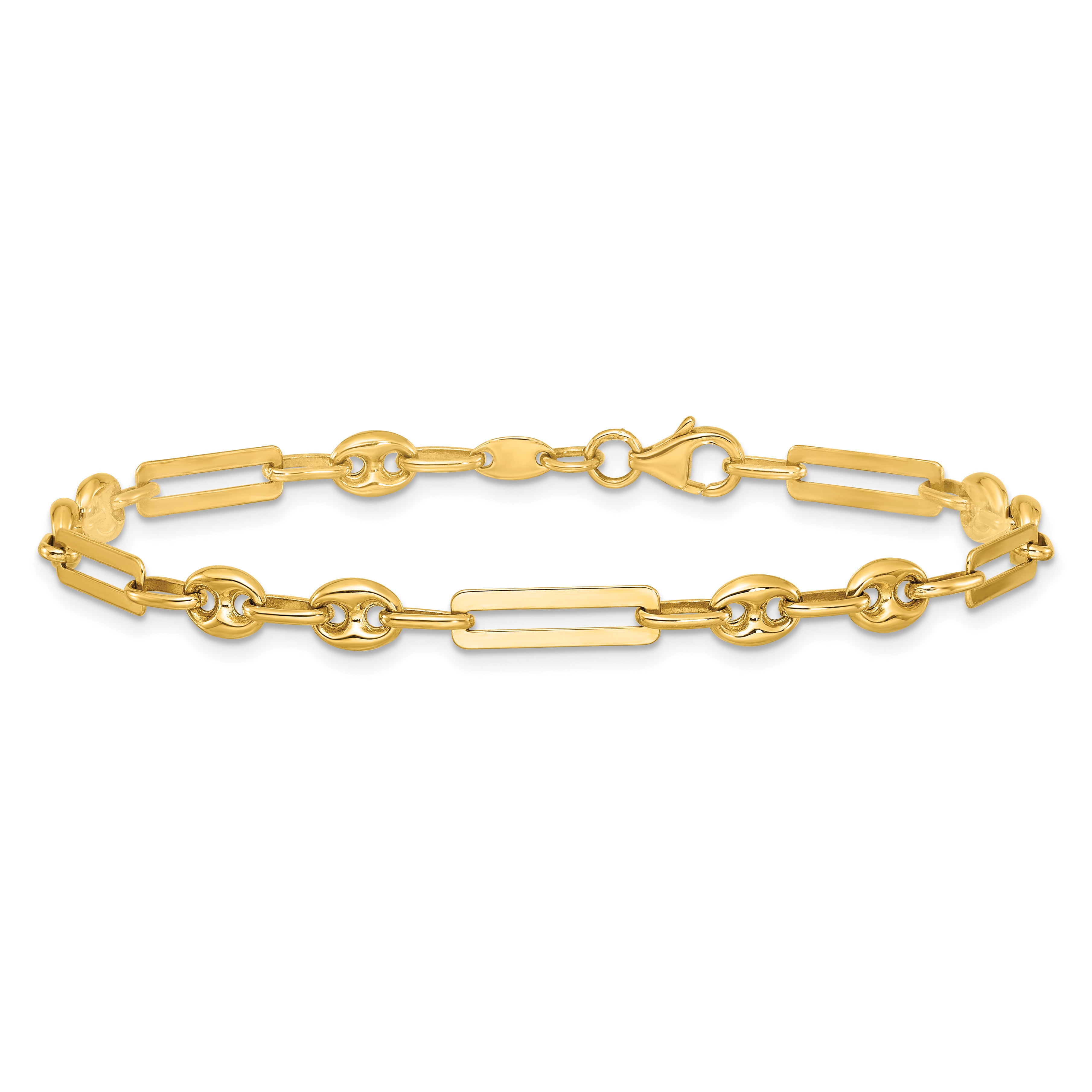 14K Polished 4mm Fancy Paperclip and Puffed Anchor/Mariner Link 7.5 inch Bracelet