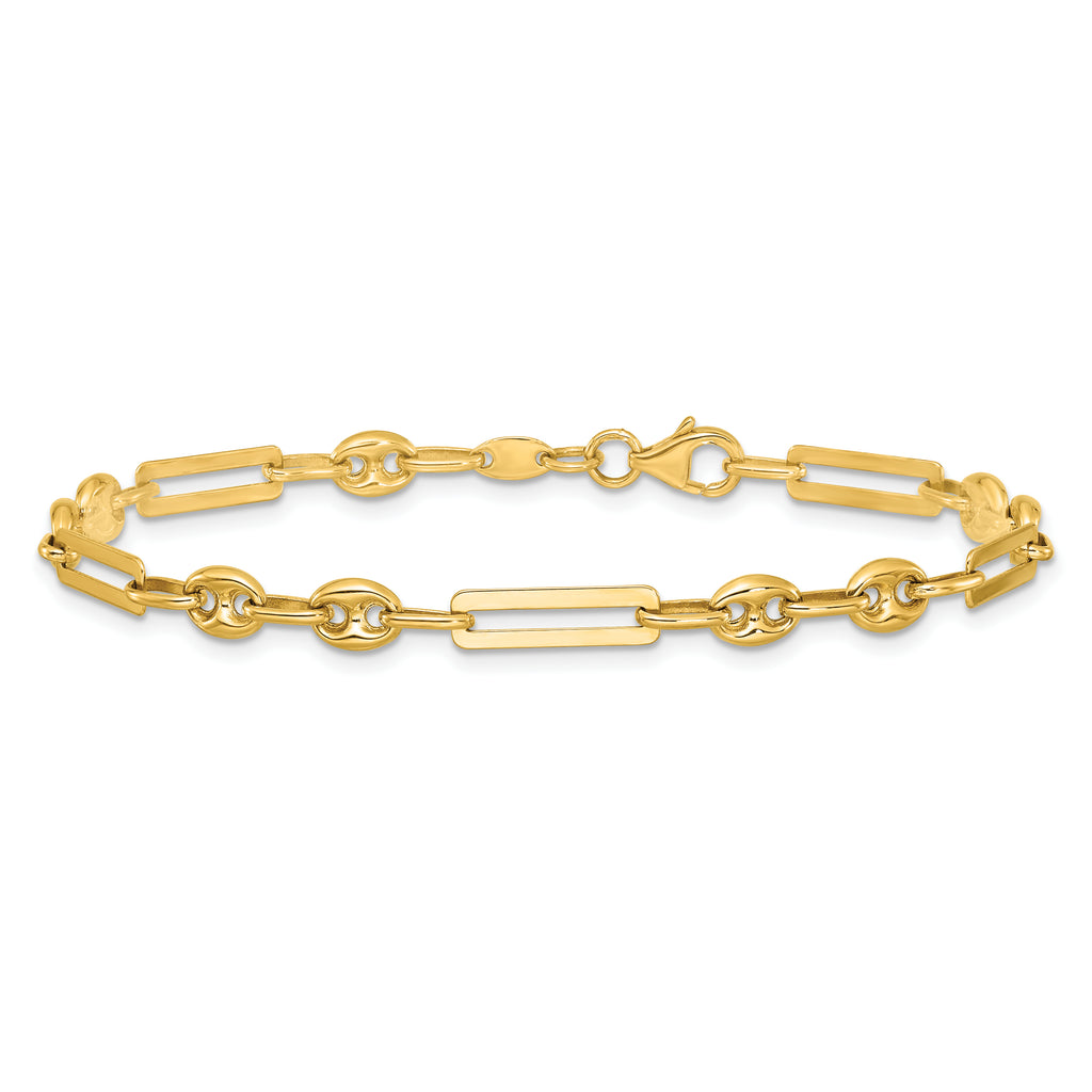 14K Polished 4mm Fancy Paperclip and Puffed Anchor/Mariner Link 7.5 inch Bracelet