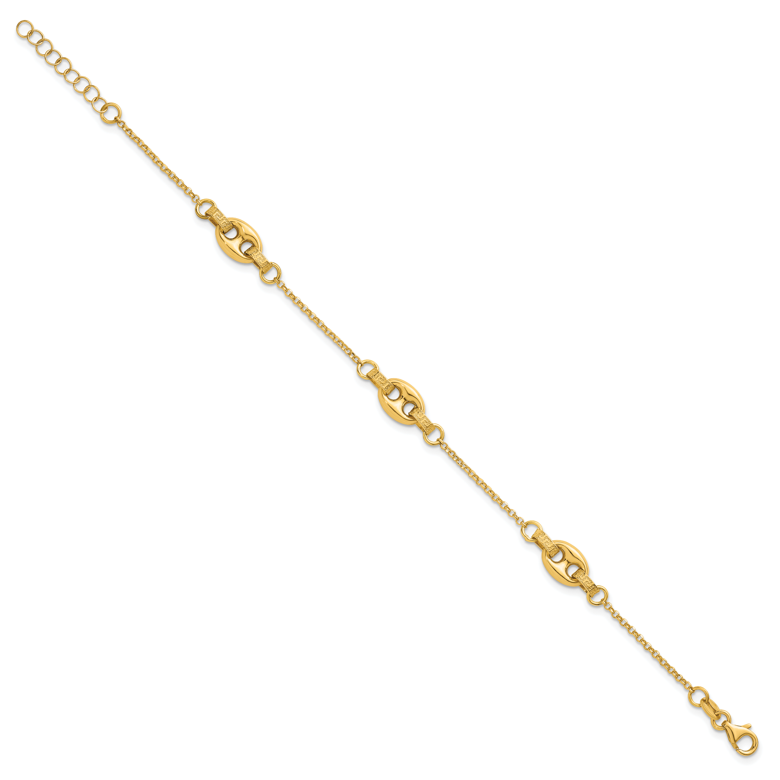 14K Polished and Textured 10.6mm Greek Key Etched Link 7.25 inch Bracelet Plus 1 inch Extender Secondary image