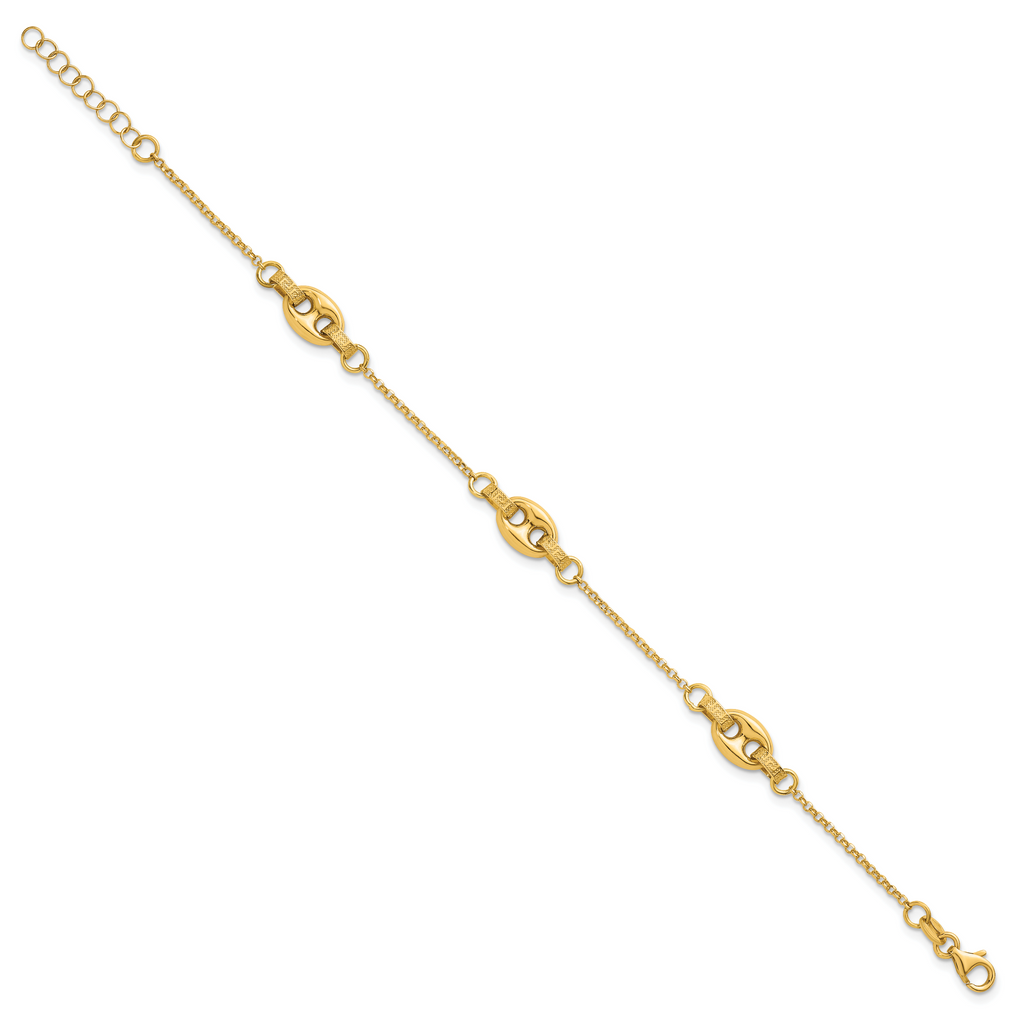 14K Polished and Textured 10.6mm Greek Key Etched Link 7.25 inch Bracelet Plus 1 inch Extender