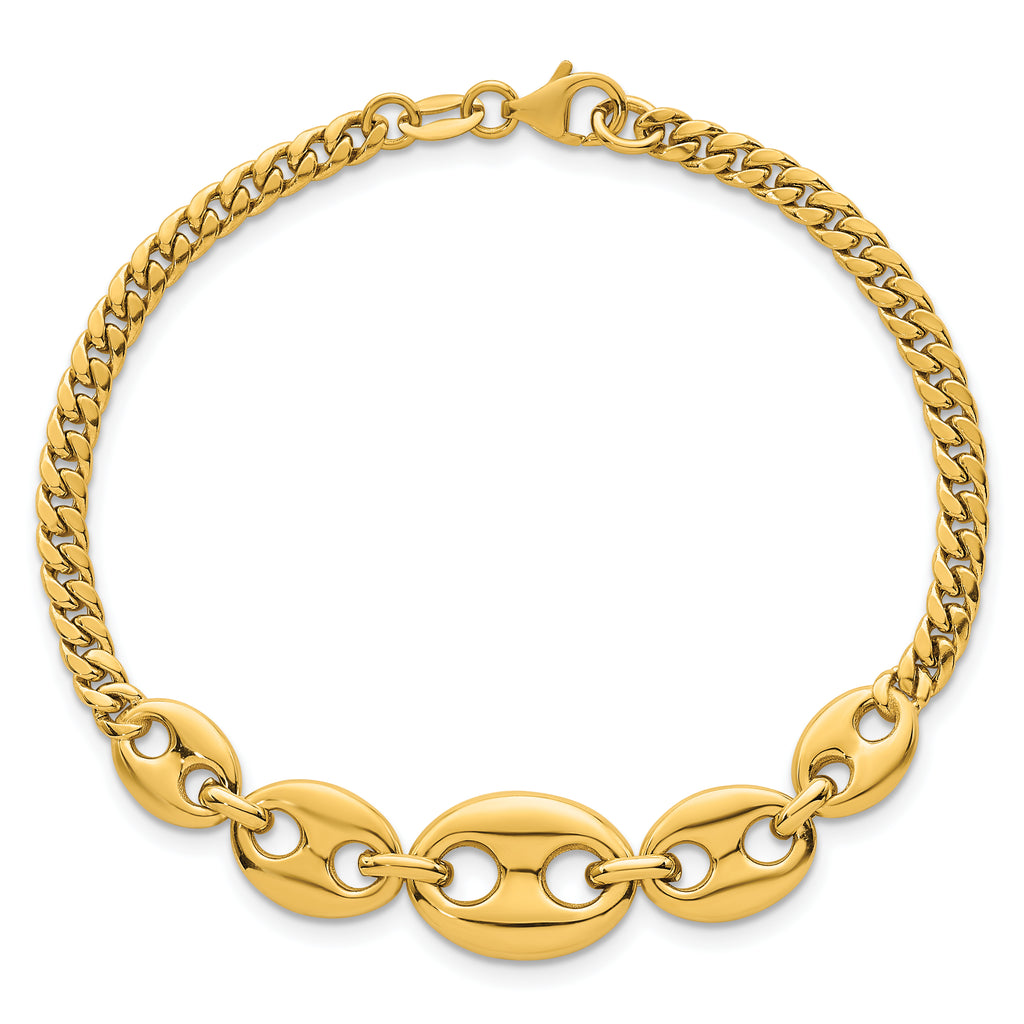 14k Polished Graduated Puffed Mariner and Curb Link 7 inch Bracelet