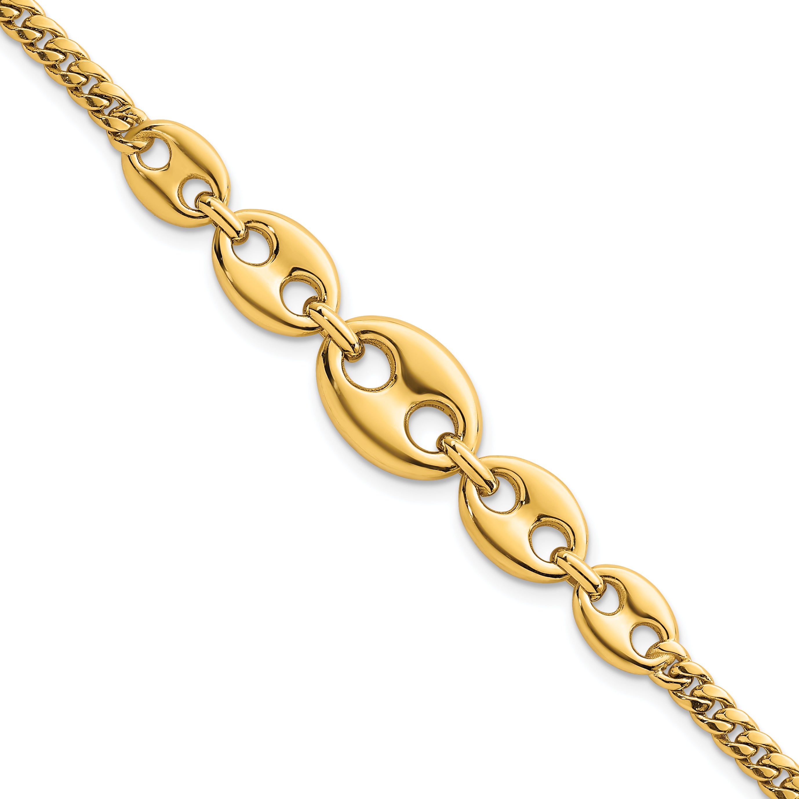 14k Polished Graduated Puffed Mariner and Curb Link 7 inch Bracelet