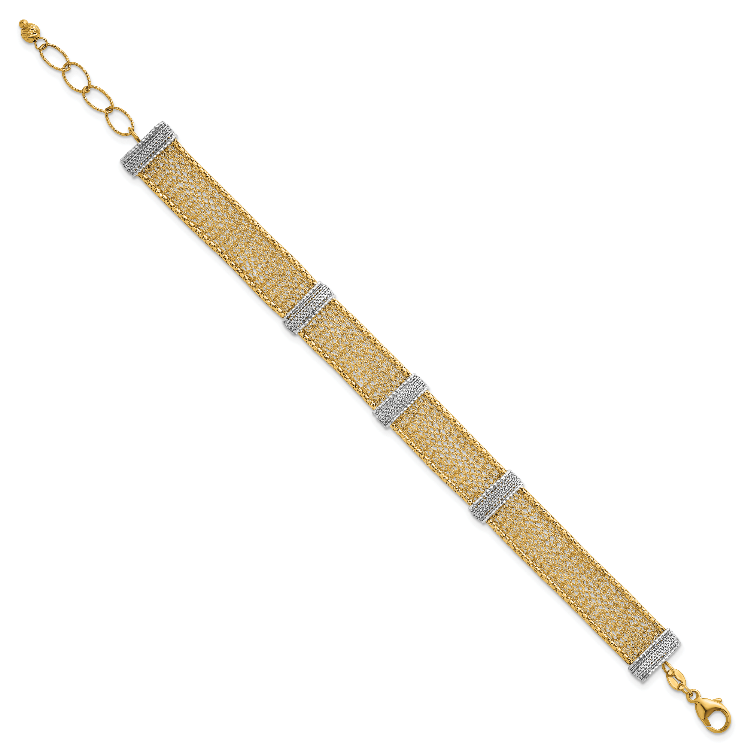 14k Two-tone Textured 10.6mm Mesh 6.75 inch Bracelet Plus 1 inch Extender Secondary image