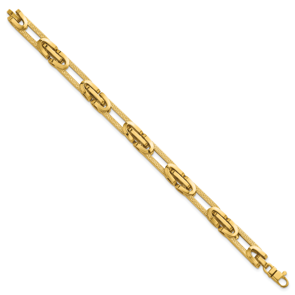 14k Polished and Textured 7.6mm Fancy Greek Key Design Oval Link 7.25 inch Bracelet