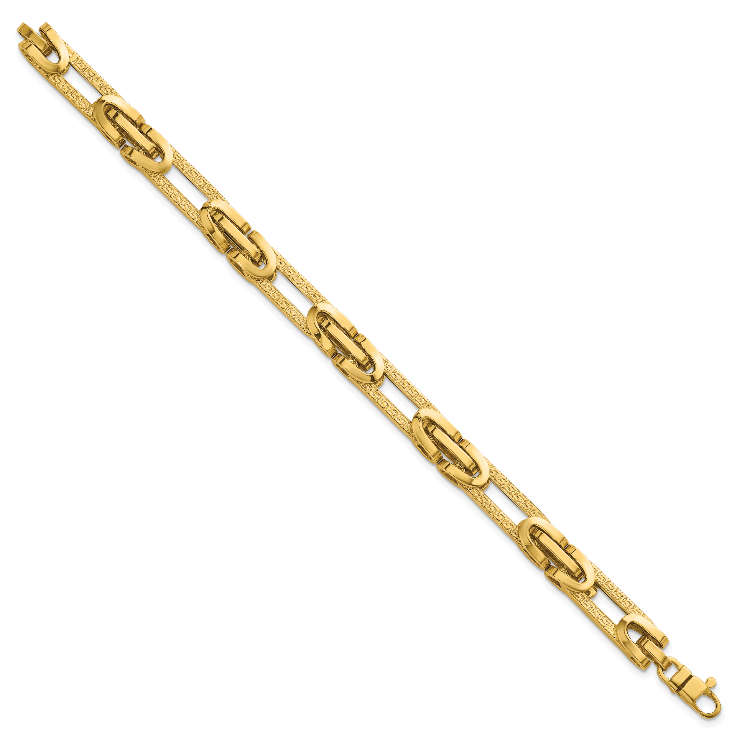 14k Polished and Textured 7.6mm Fancy Greek Key Design Oval Link 7.25 inch Bracelet