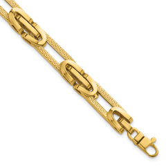 14k Polished and Textured 7.6mm Fancy Greek Key Design Oval Link 7.25 inch Bracelet