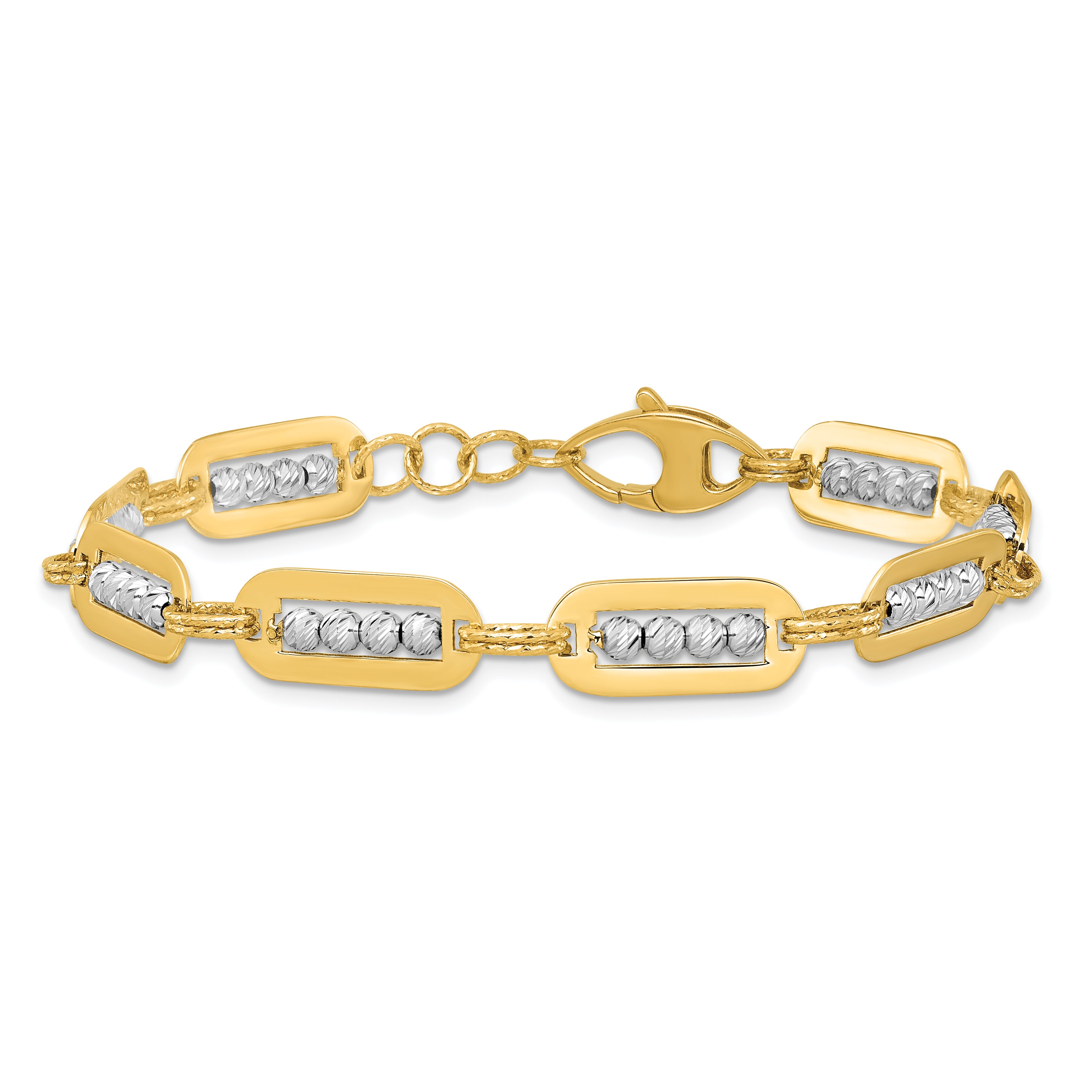 14K Two-Tone Polished Diamond-cut Bead 7.25 inch Bracelet Plus 0.5 inch Extender