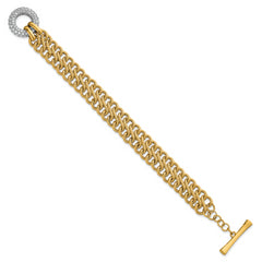 14k with White Rhodium 12.25mm Textured Fancy Chain with CZ Toggle 7.5 inch Bracelet