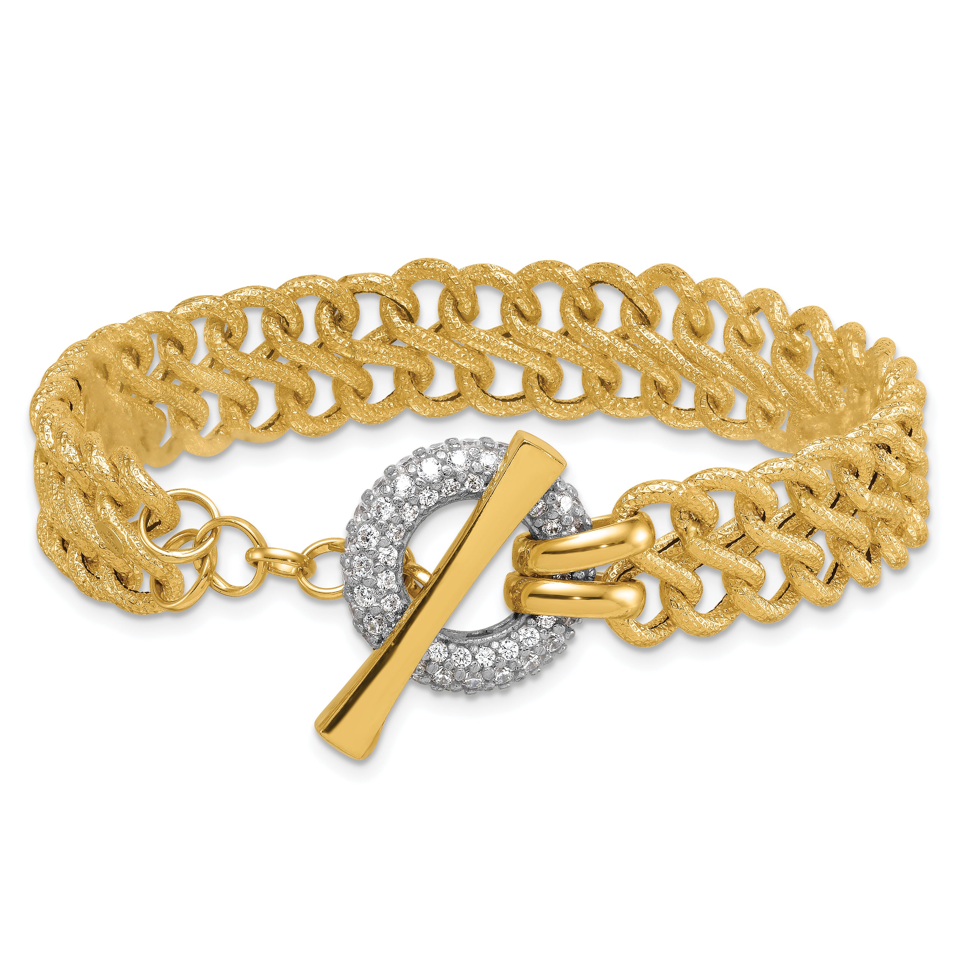 14k with White Rhodium 12.25mm Textured Fancy Chain with CZ Toggle 7.5 inch Bracelet