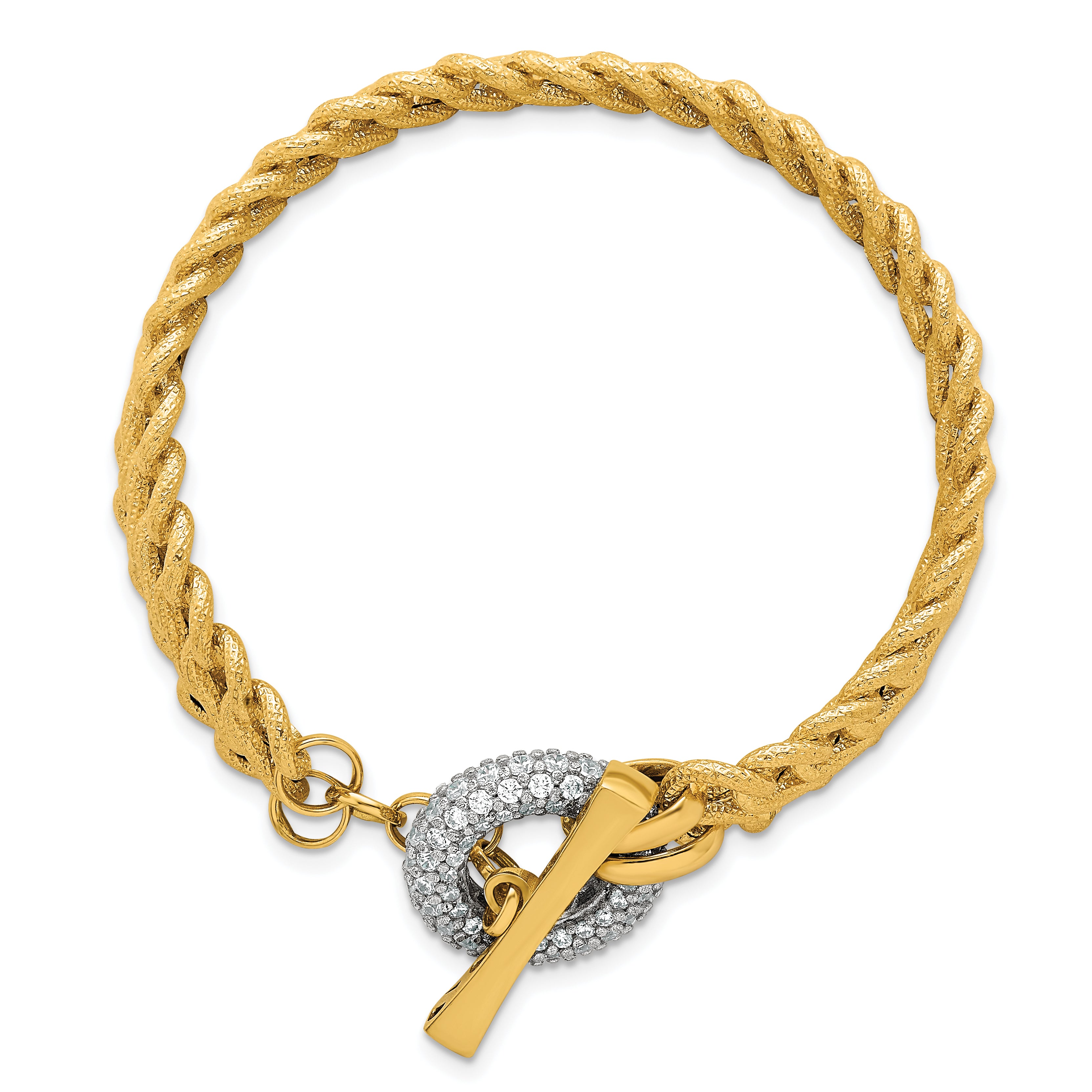 14k with White Rhodium 12.25mm Textured Fancy Chain with CZ Toggle 7.5 inch Bracelet