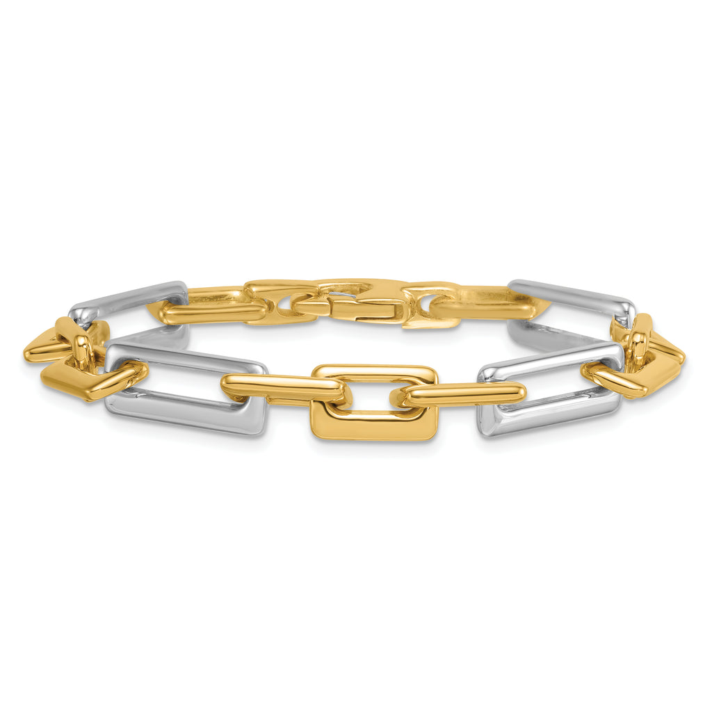 14k Two Tone Polished 8mm Fancy Square And Rectangle Figaro 7.25 inch Bracelet