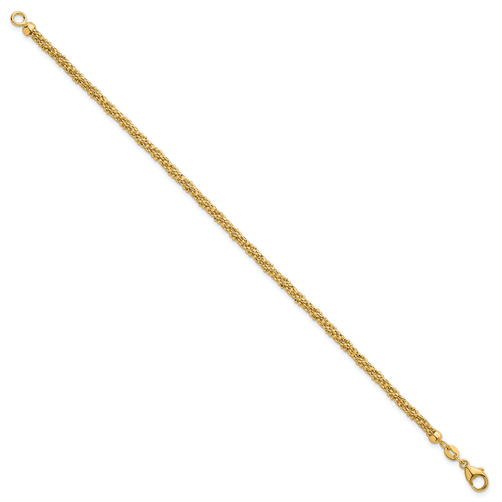 14k Polished and Textured 3mm Twisted Mesh Fancy Beaded 7.75 inch Bracelet
