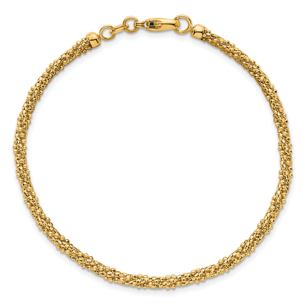 14k Polished and Textured 3mm Twisted Mesh Fancy Beaded 7.75 inch Bracelet