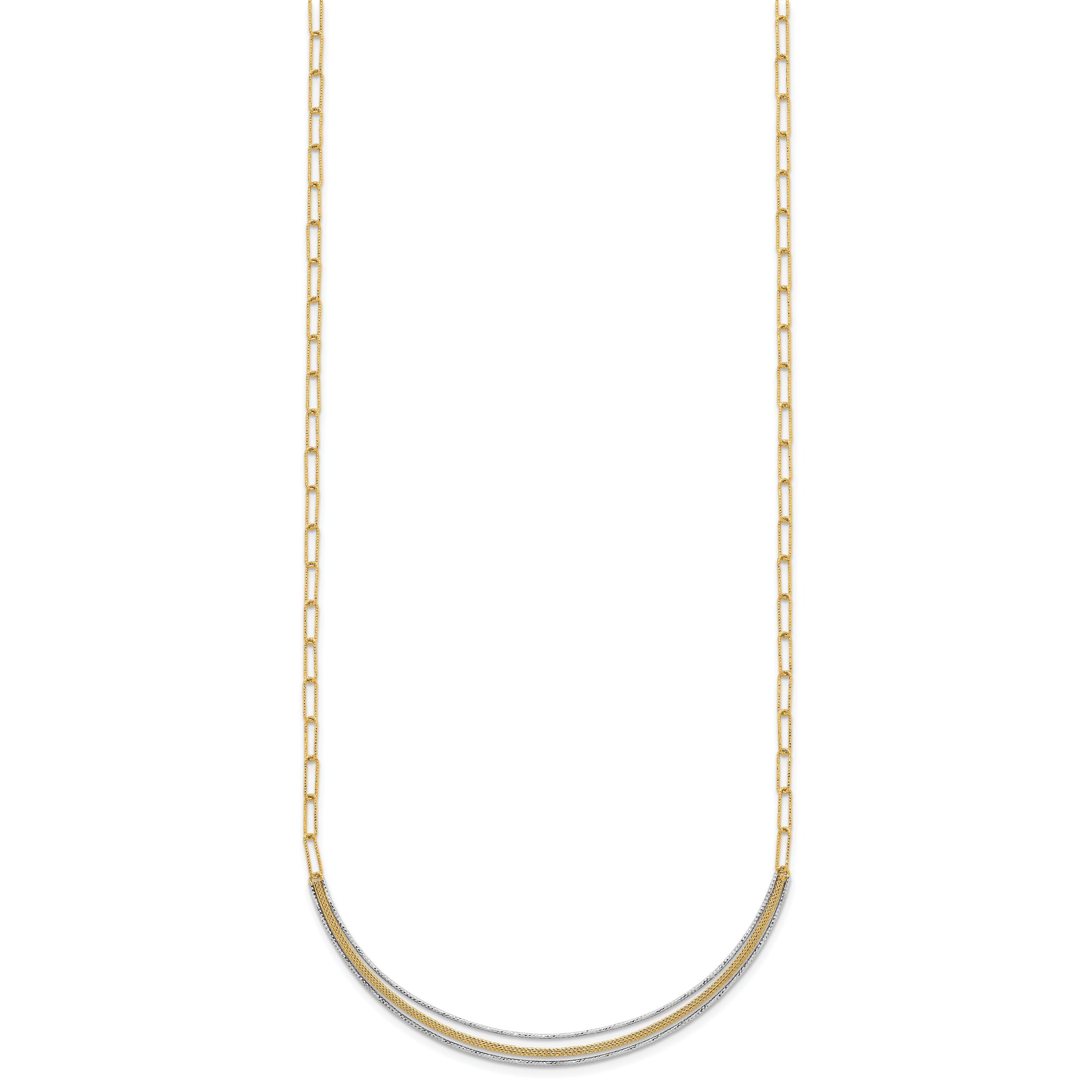 14k Two-Tone Textured Woven Curved Bar with Long Link 17 inch Necklace Plus 2 inch Extender