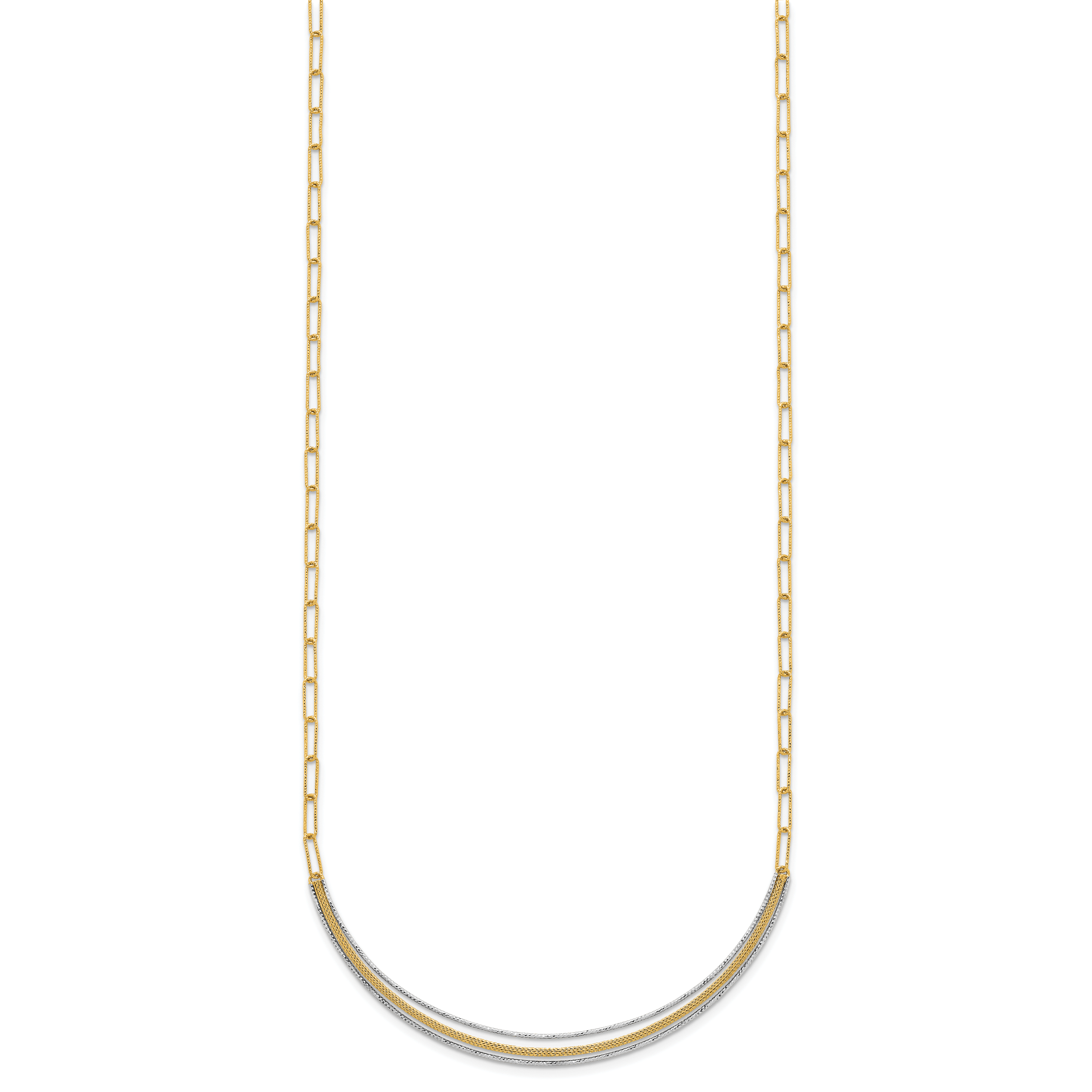 14k Two-Tone Textured Woven Curved Bar with Long Link 17 inch Necklace Plus 2 inch Extender Secondary image