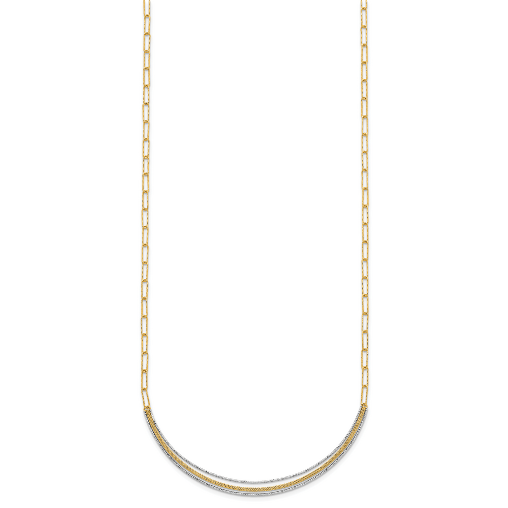 14k Two-Tone Textured Woven Curved Bar with Long Link 17 inch Necklace Plus 2 inch Extender