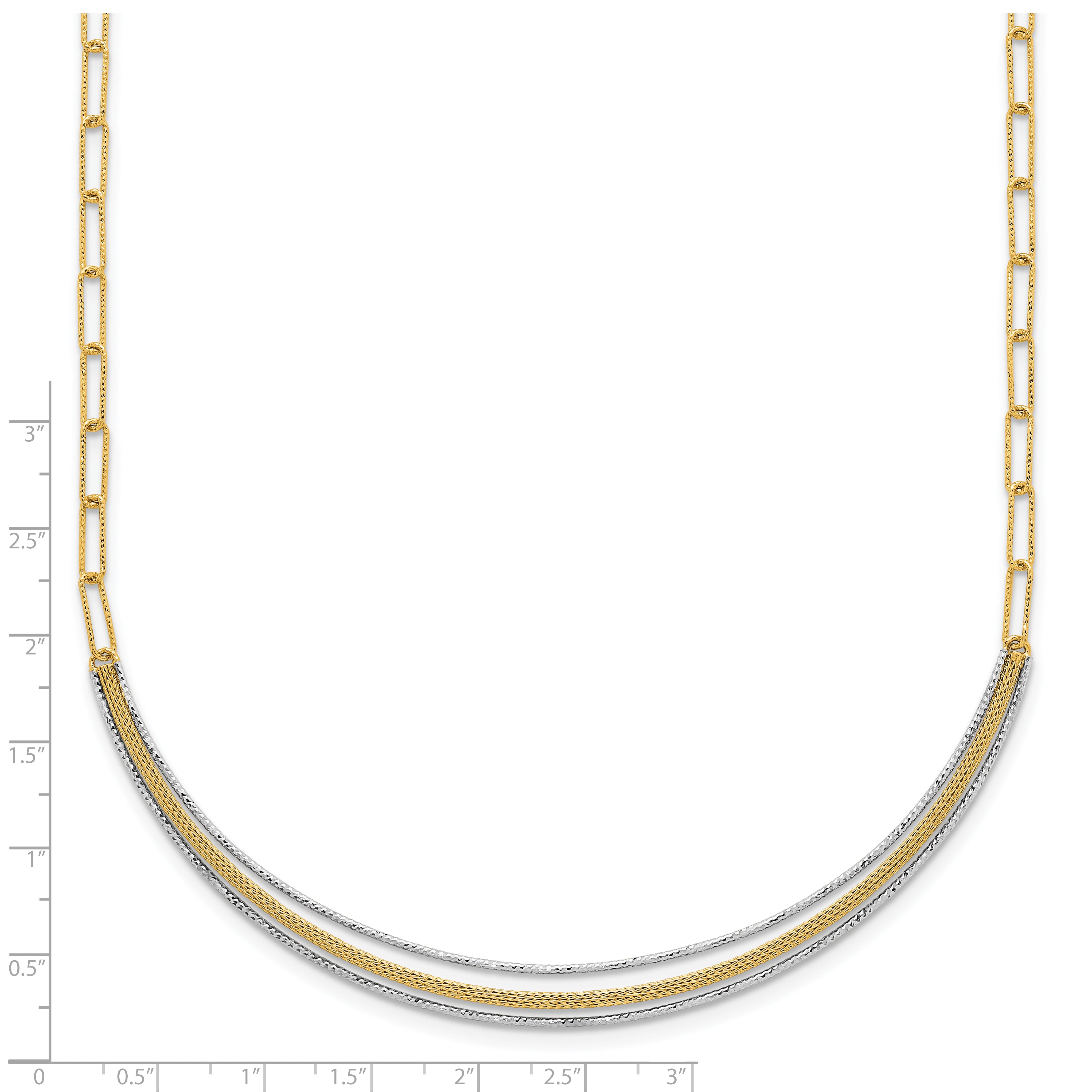 14k Two-Tone Textured Woven Curved Bar with Long Link 17 inch Necklace Plus 2 inch Extender