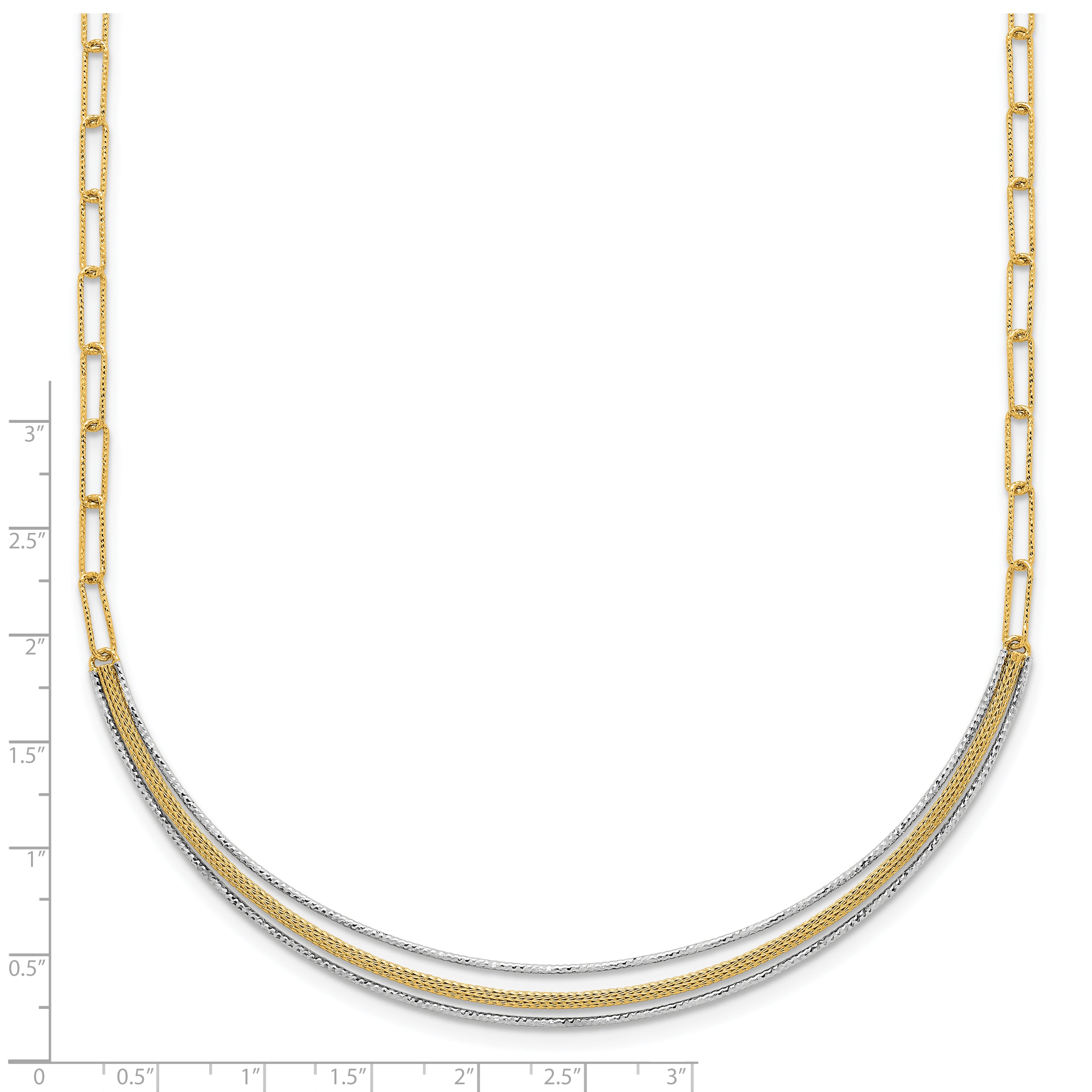 14k Two-Tone Textured Woven Curved Bar with Long Link 17 inch Necklace Plus 2 inch Extender