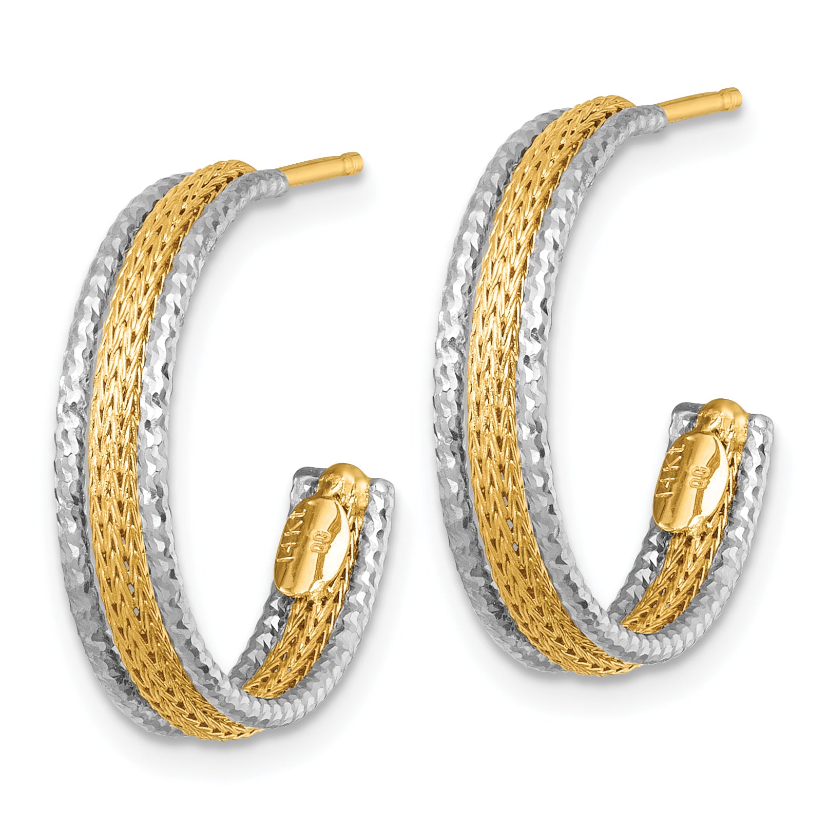 14k Two-Tone Textured Woven 4mm x 20mm J-Hoop Post Earrings