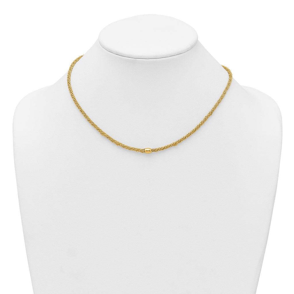 14k Polished and Textured Twisted with Bead 17 inch Necklace