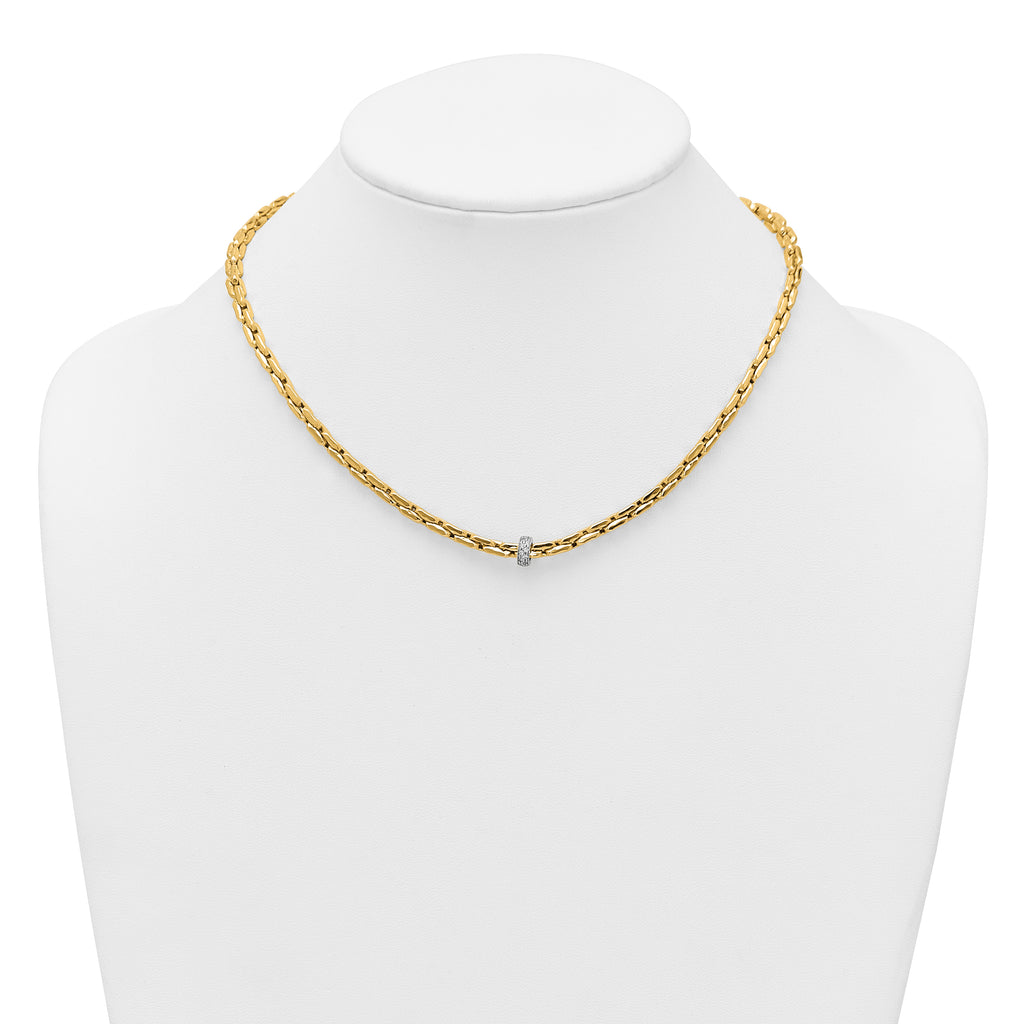 14k Two-tone Polished Fancy Link with CZ Bead 17 inch Necklace