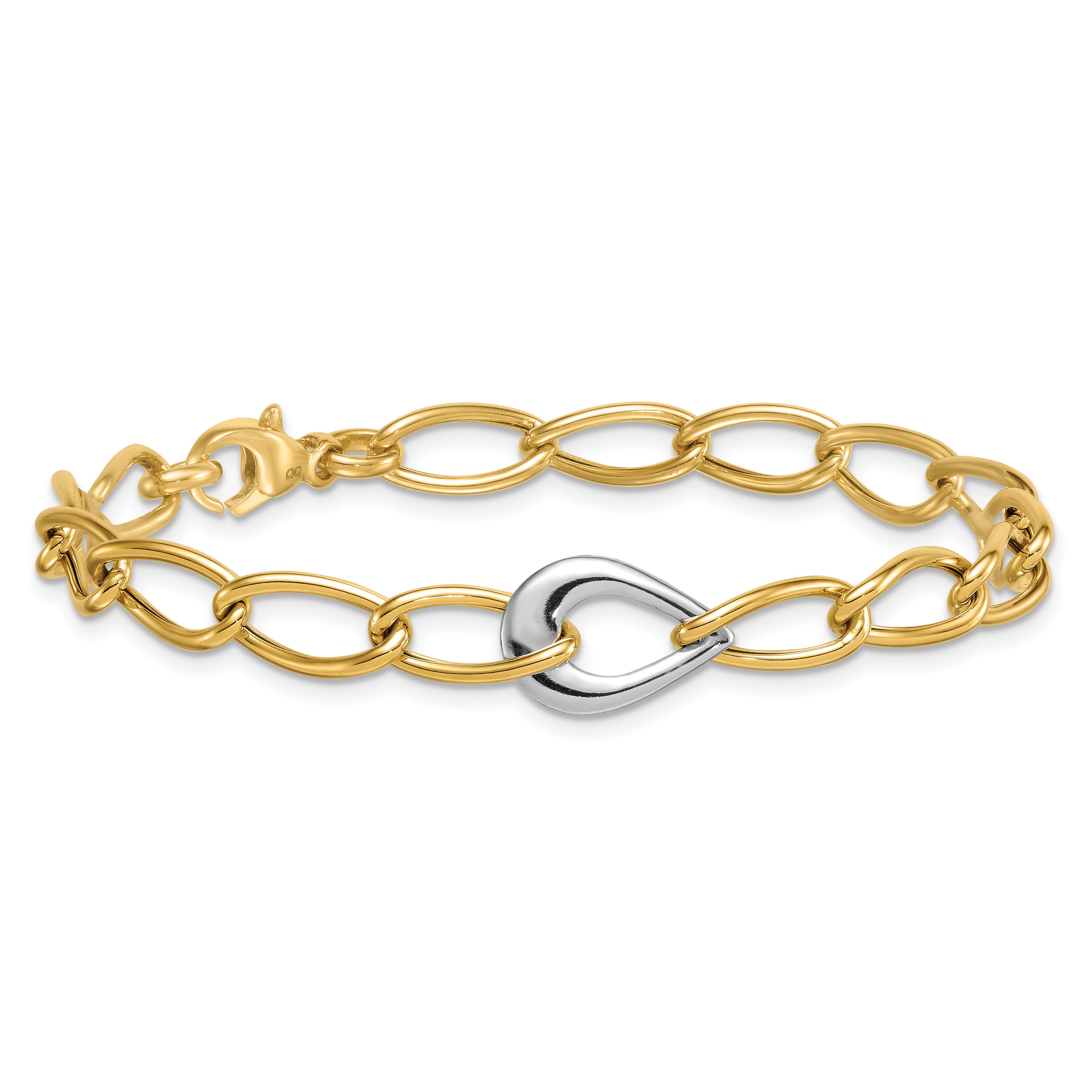 14k Two Tone Polished 6.5mm Fancy Curb Link With Teardrop 7.75 inch Bracelet