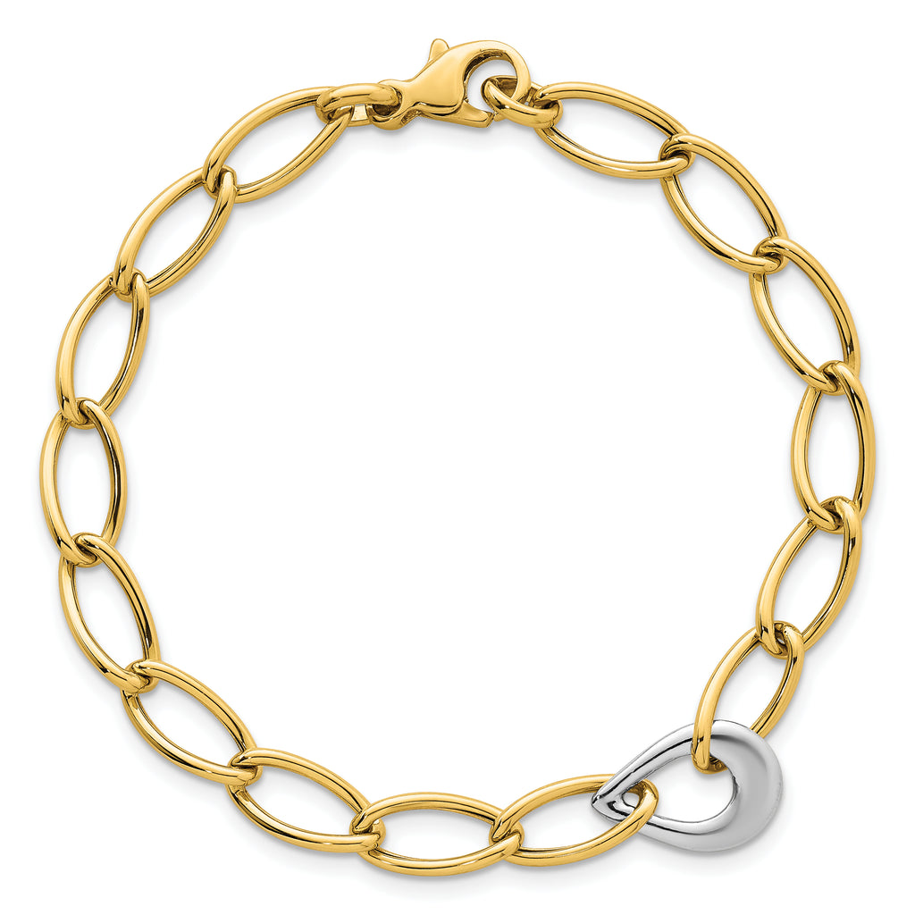 14k Two Tone Polished 6.5mm Fancy Curb Link With Teardrop 7.75 inch Bracelet