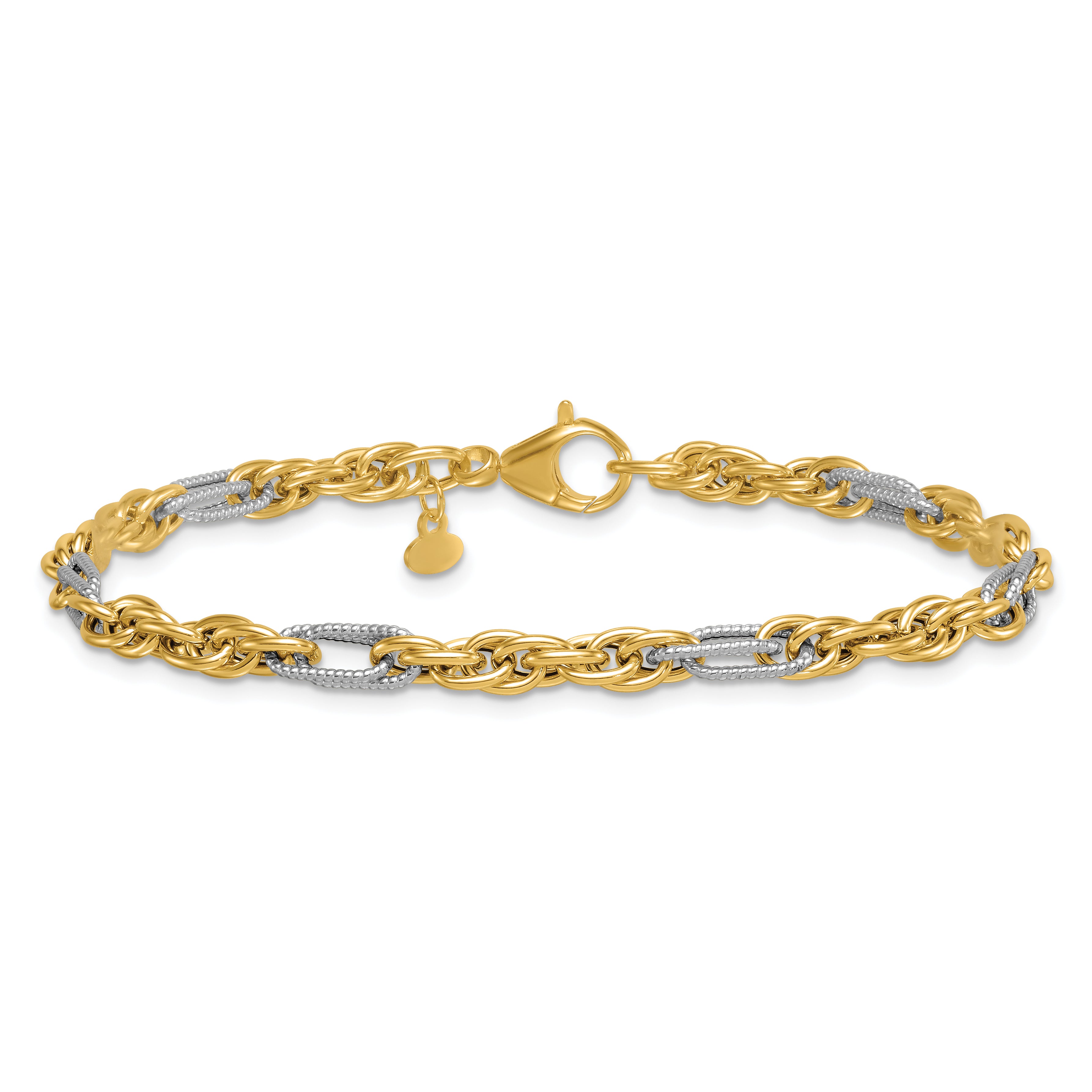 14k with White Rhodium Polished 4.2mm Fancy Rope Chain 7.5 inch Bracelet