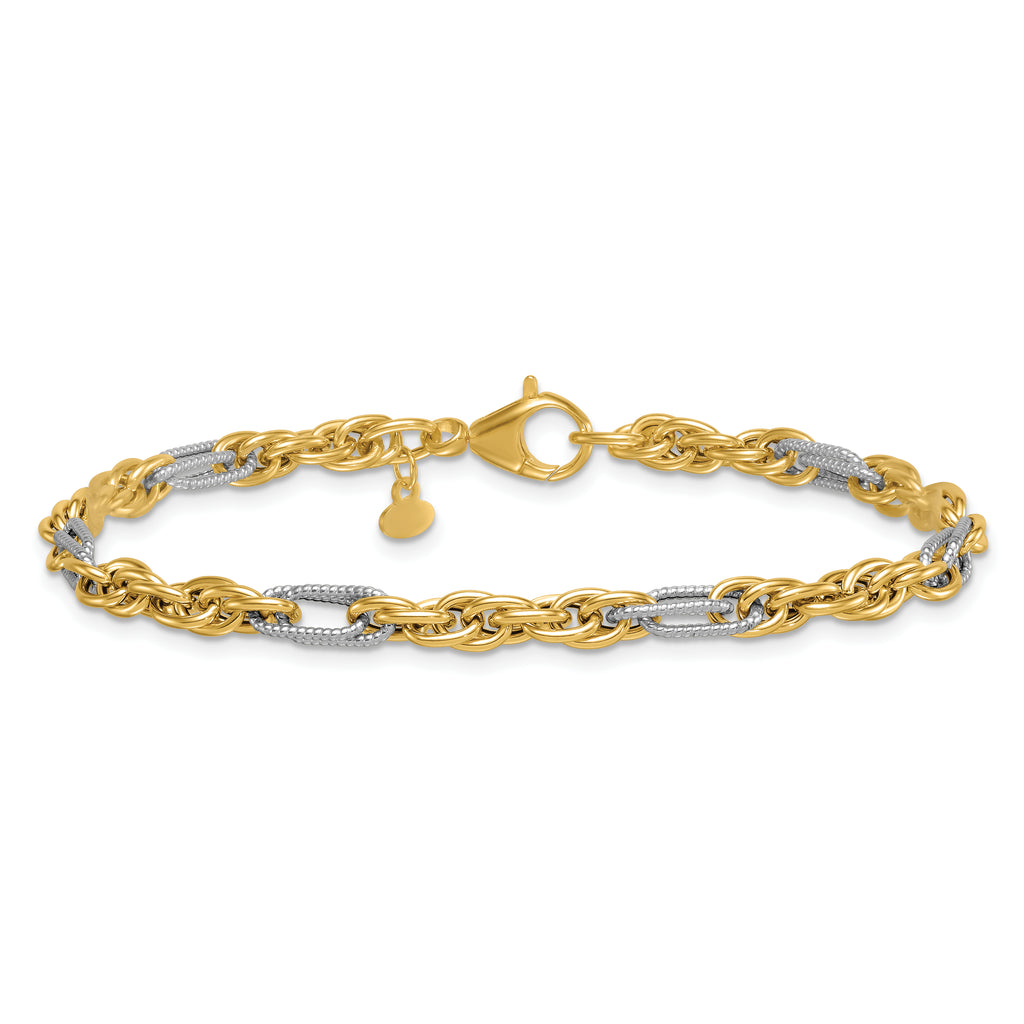 14k with White Rhodium Polished 4.2mm Fancy Rope Chain 7.5 inch Bracelet