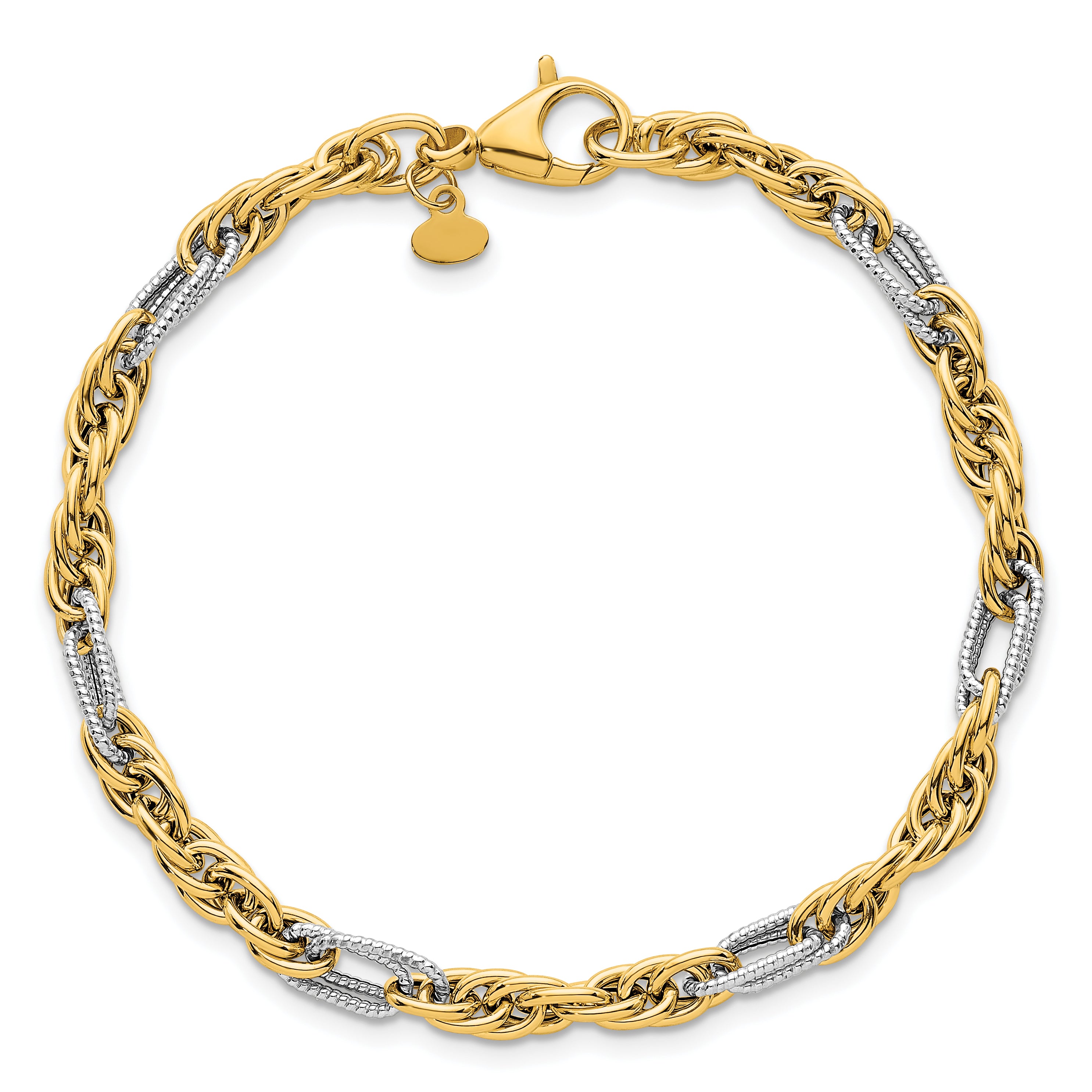 14k with White Rhodium Polished 4.2mm Fancy Rope Chain 7.5 inch Bracelet
