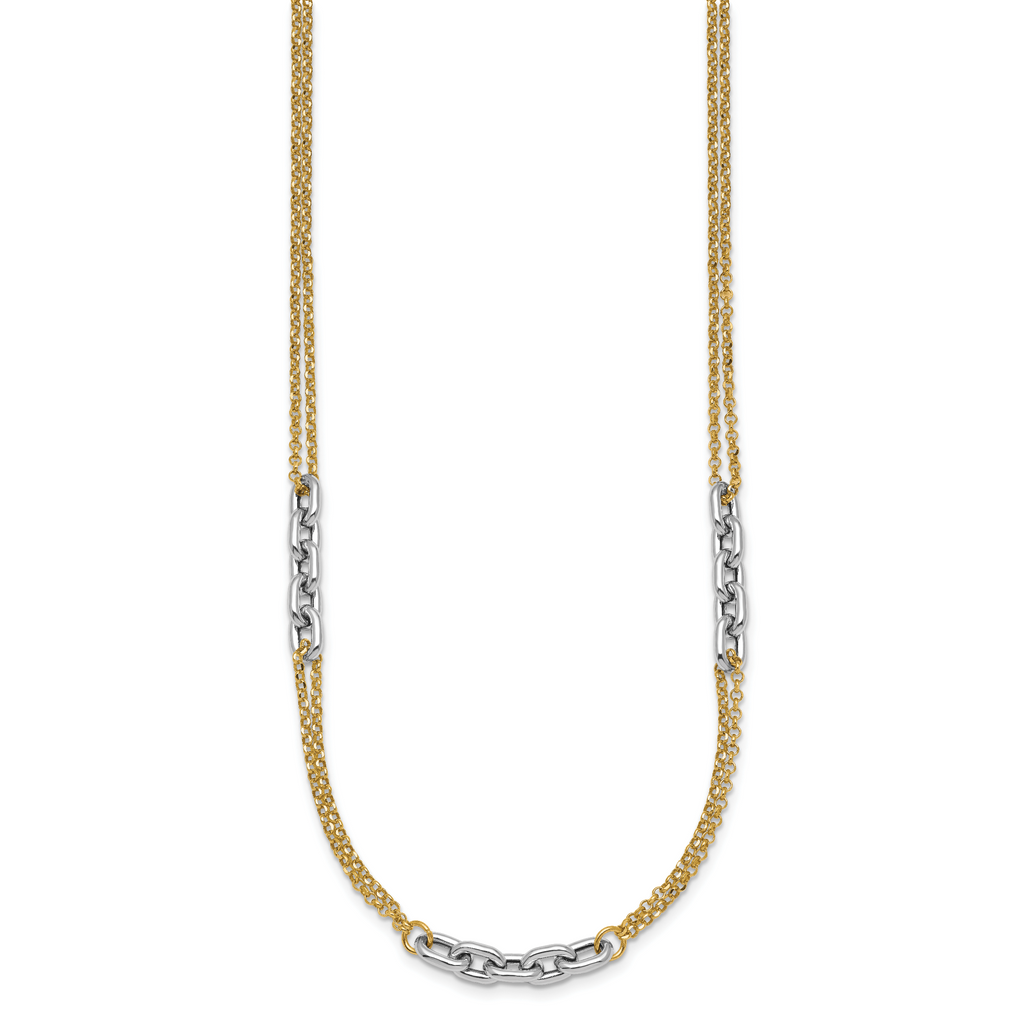 14K Two-Tone Polished 4.8mm Fancy Oval Link and Double Strand Chain 17 inch Necklace Plus 2 inch Extender