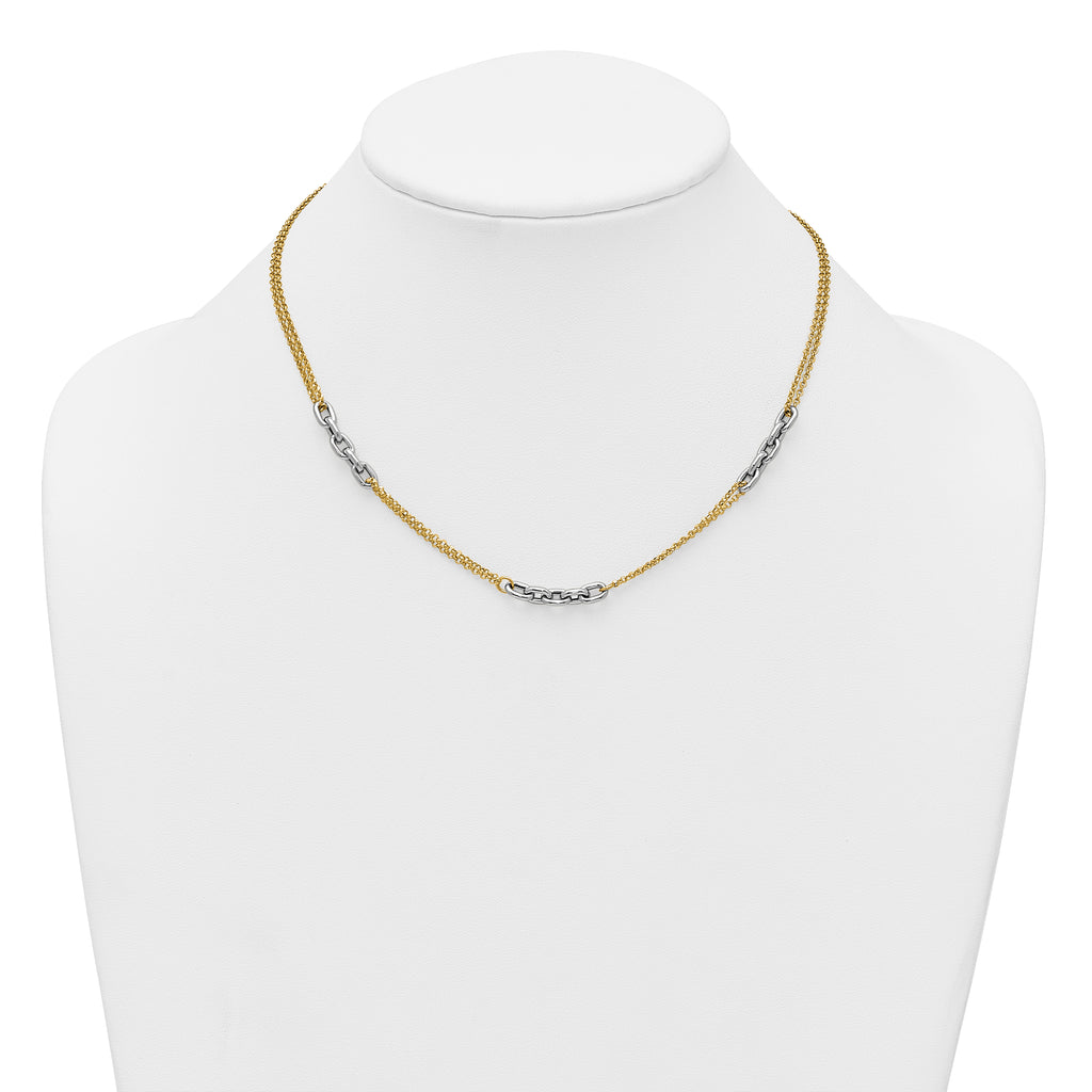 14K Two-Tone Polished 4.8mm Fancy Oval Link and Double Strand Chain 17 inch Necklace Plus 2 inch Extender