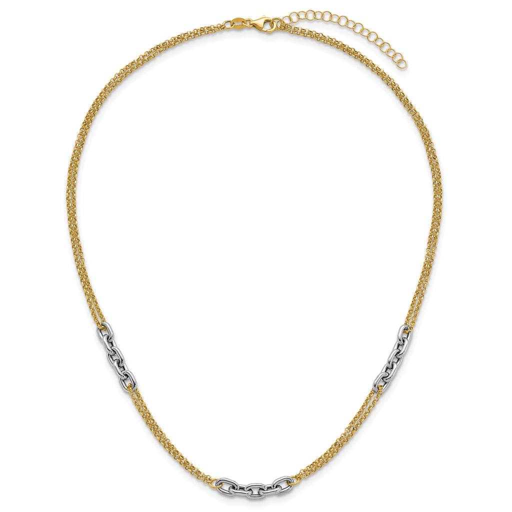 14K Two-Tone Polished 4.8mm Fancy Oval Link and Double Strand Chain 17 inch Necklace Plus 2 inch Extender