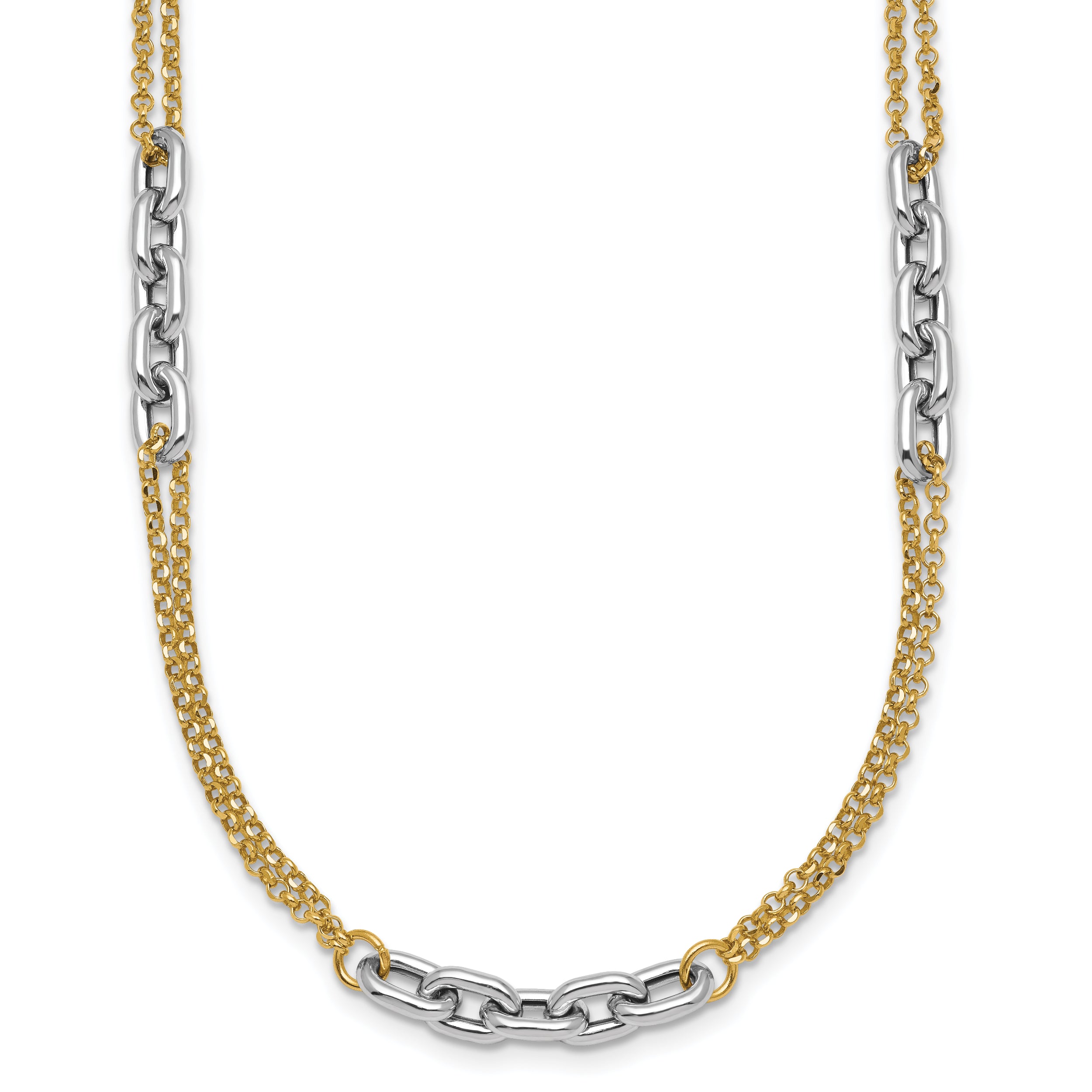 14K Two-Tone Polished 4.8mm Fancy Oval Link and Double Strand Chain 17 inch Necklace Plus 2 inch Extender