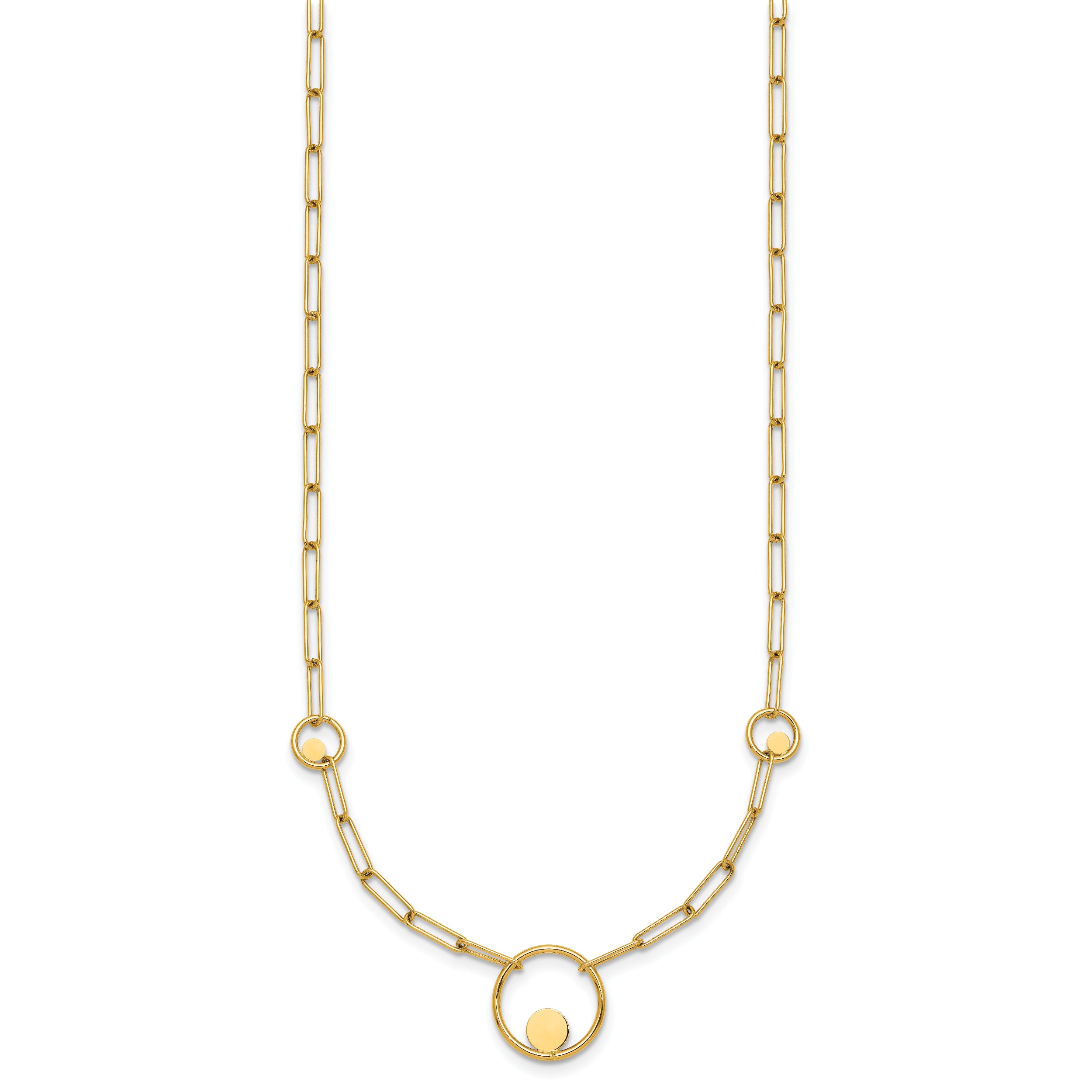 14k Polished Circle in Circle and Paper Clip Links 3-Station 16.75 inch Necklace
