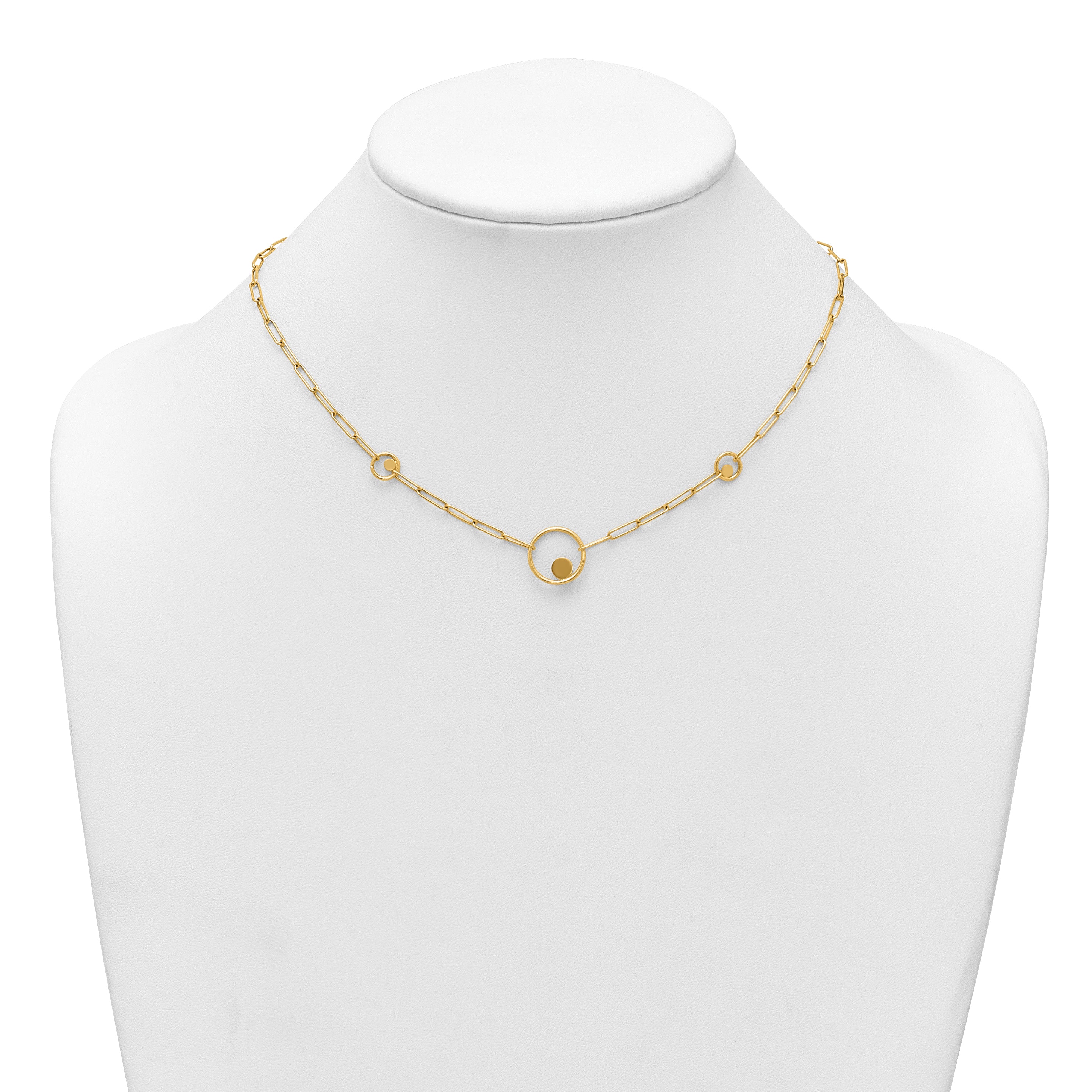 14k Polished Circle in Circle and Paper Clip Links 3-Station 16.75 inch Necklace