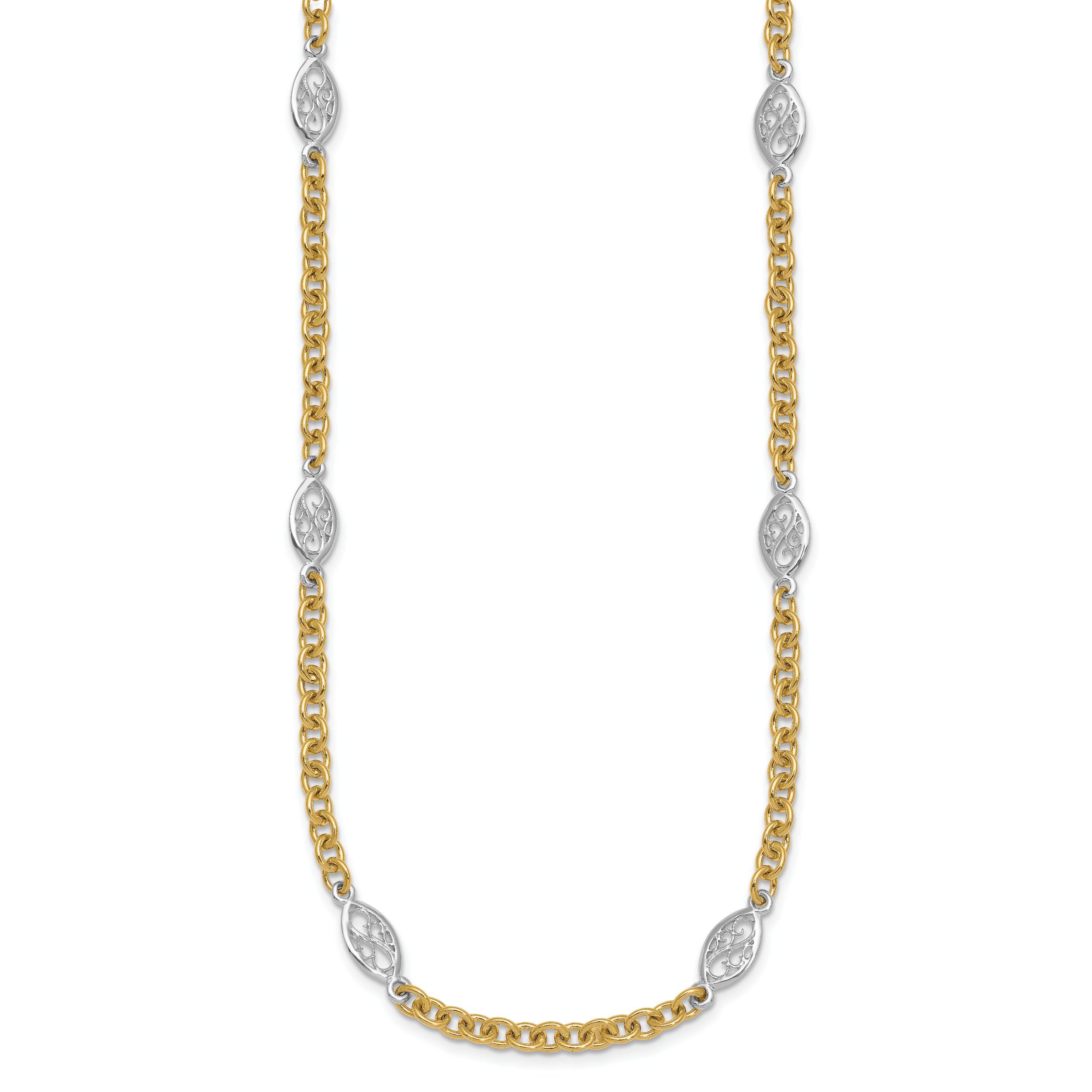 14k Two-tone Polished 6.5mm Fancy Cable Chain and Filigree Oval 18 inch Necklace