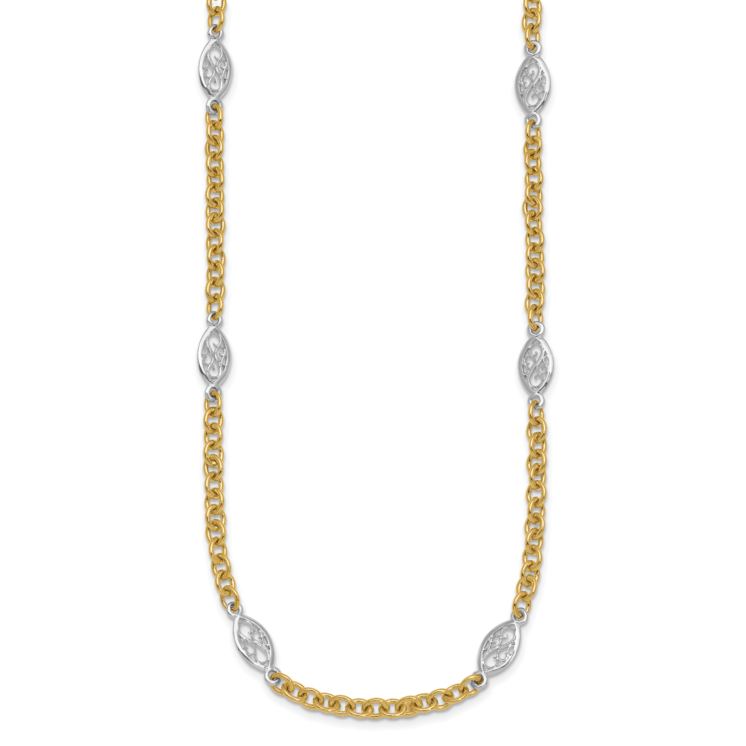 14k Two-tone Polished 6.5mm Fancy Cable Chain and Filigree Oval 18 inch Necklace Secondary image