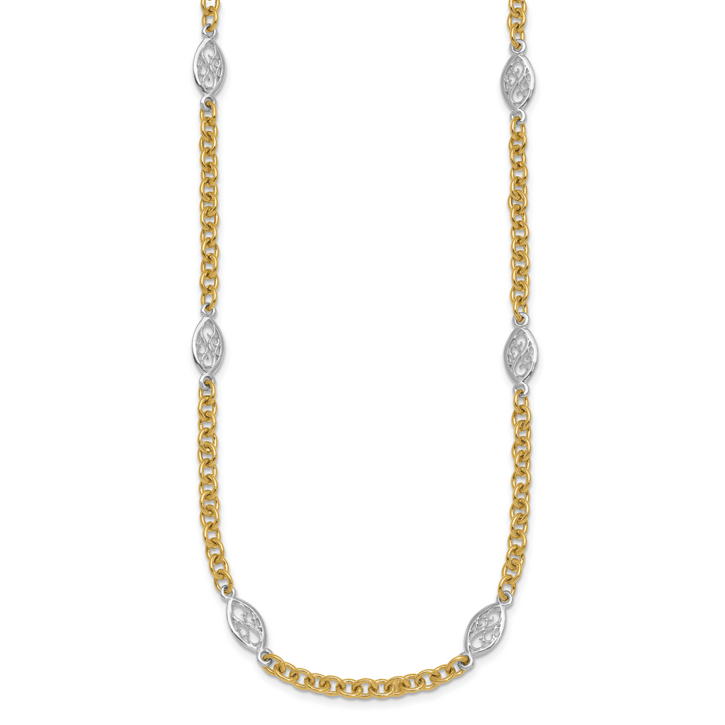 14k Two-tone Polished 6.5mm Fancy Cable Chain and Filigree Oval 18 inch Necklace