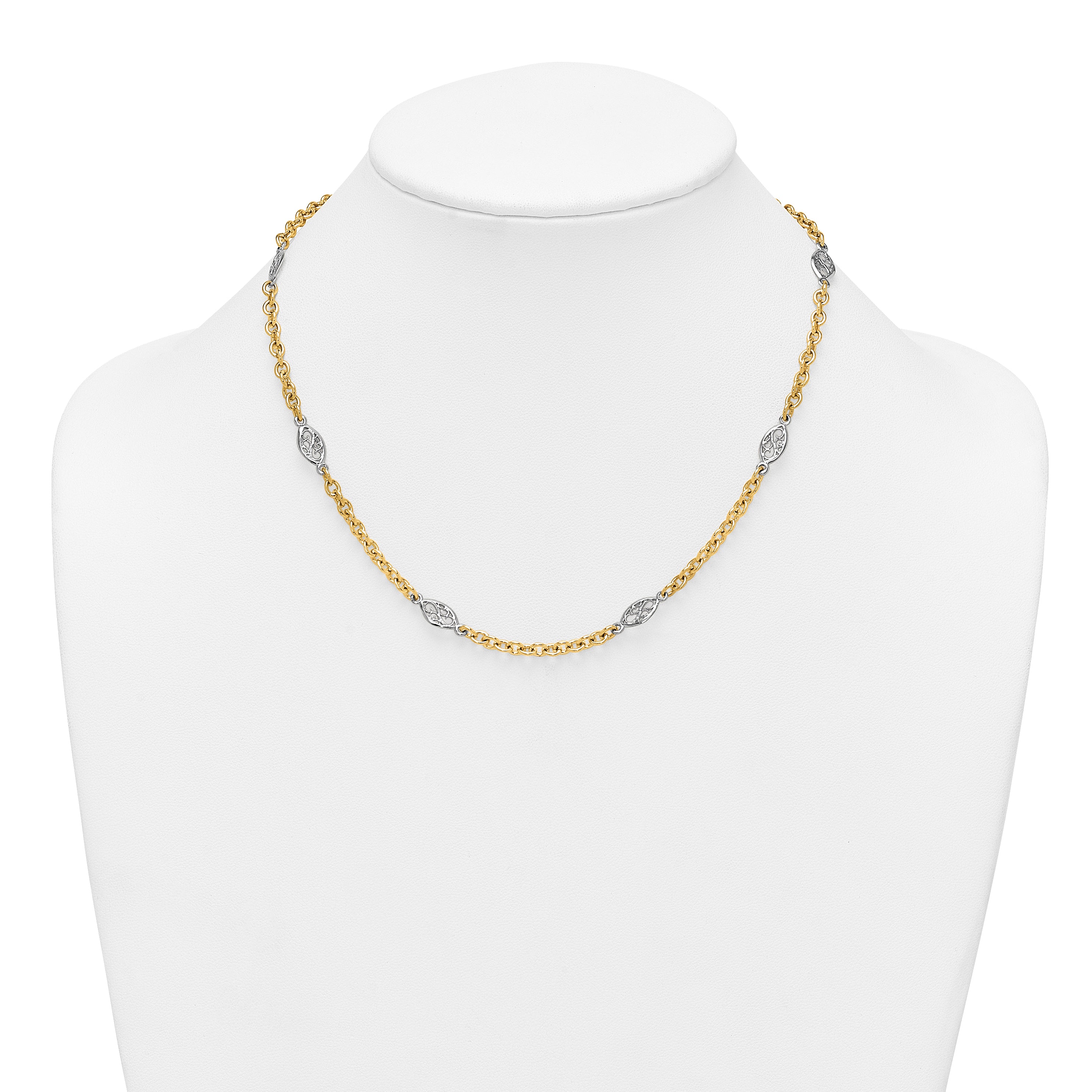 14k Two-tone Polished 6.5mm Fancy Cable Chain and Filigree Oval 18 inch Necklace