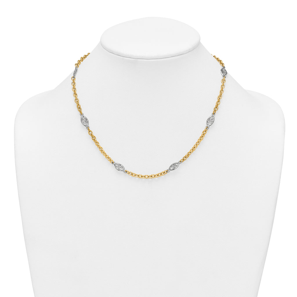 14k Two-tone Polished 6.5mm Fancy Cable Chain and Filigree Oval 18 inch Necklace
