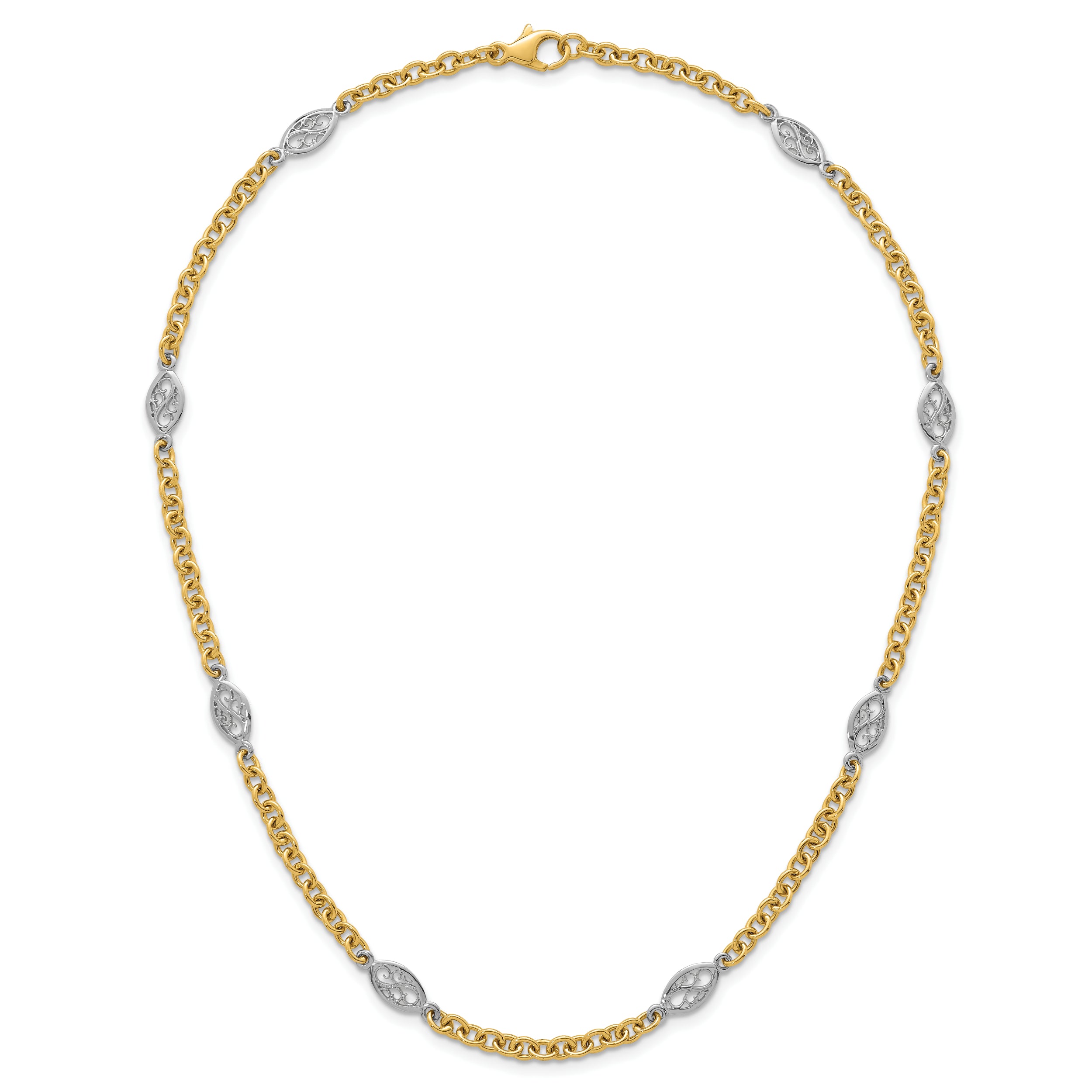 14k Two-tone Polished 6.5mm Fancy Cable Chain and Filigree Oval 18 inch Necklace