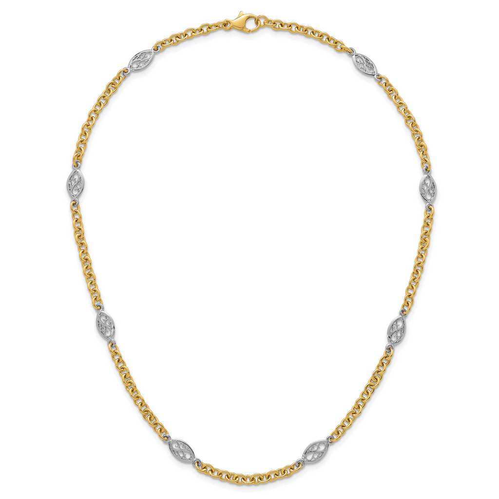 14k Two-tone Polished 6.5mm Fancy Cable Chain and Filigree Oval 18 inch Necklace