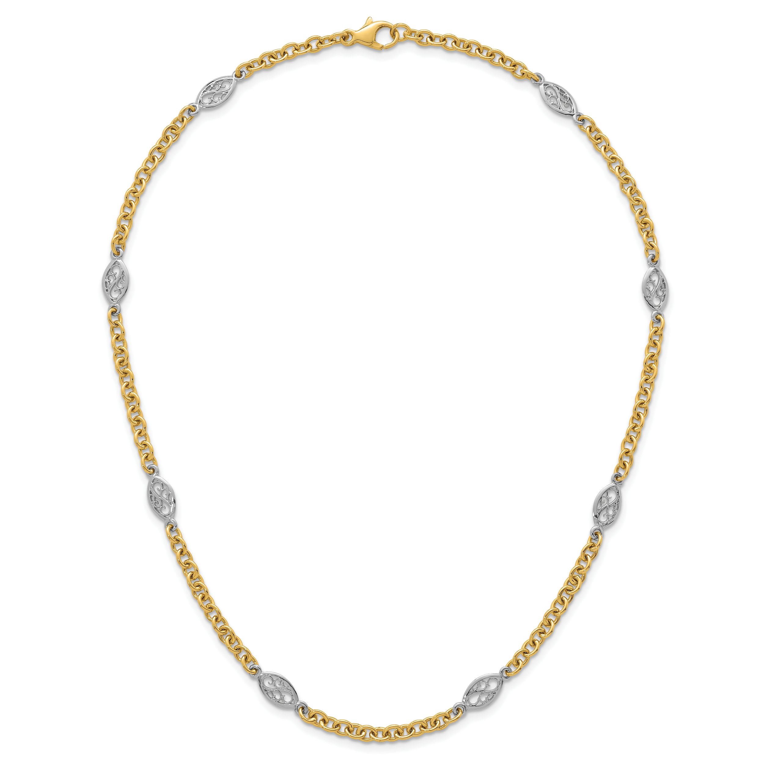 14k Two-tone Polished 6.5mm Fancy Cable Chain and Filigree Oval 18 inch Necklace