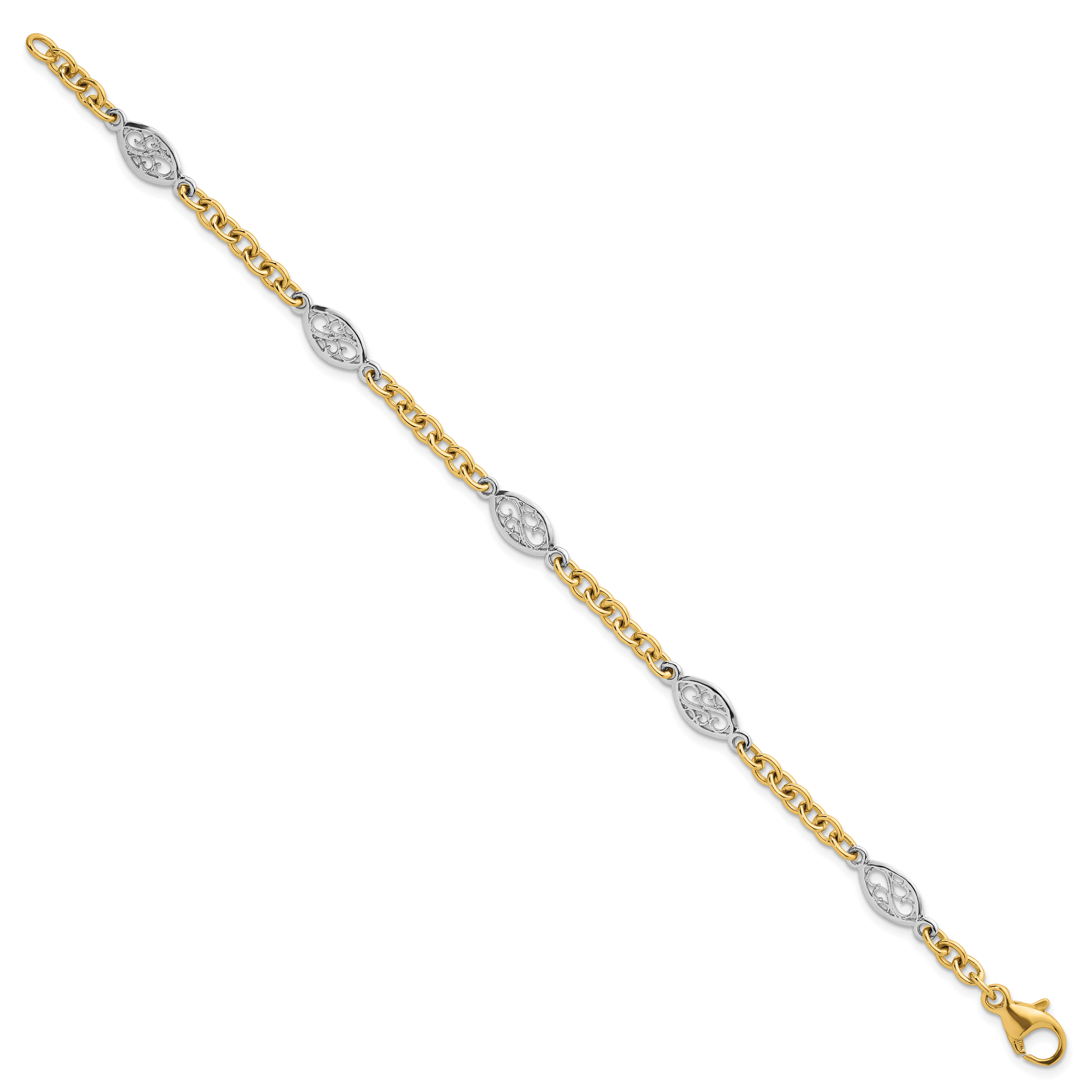 14k Two-tone Polished 6.5mm Fancy Cable Chain and Filigree Oval 7.25 inch Bracelet Secondary image