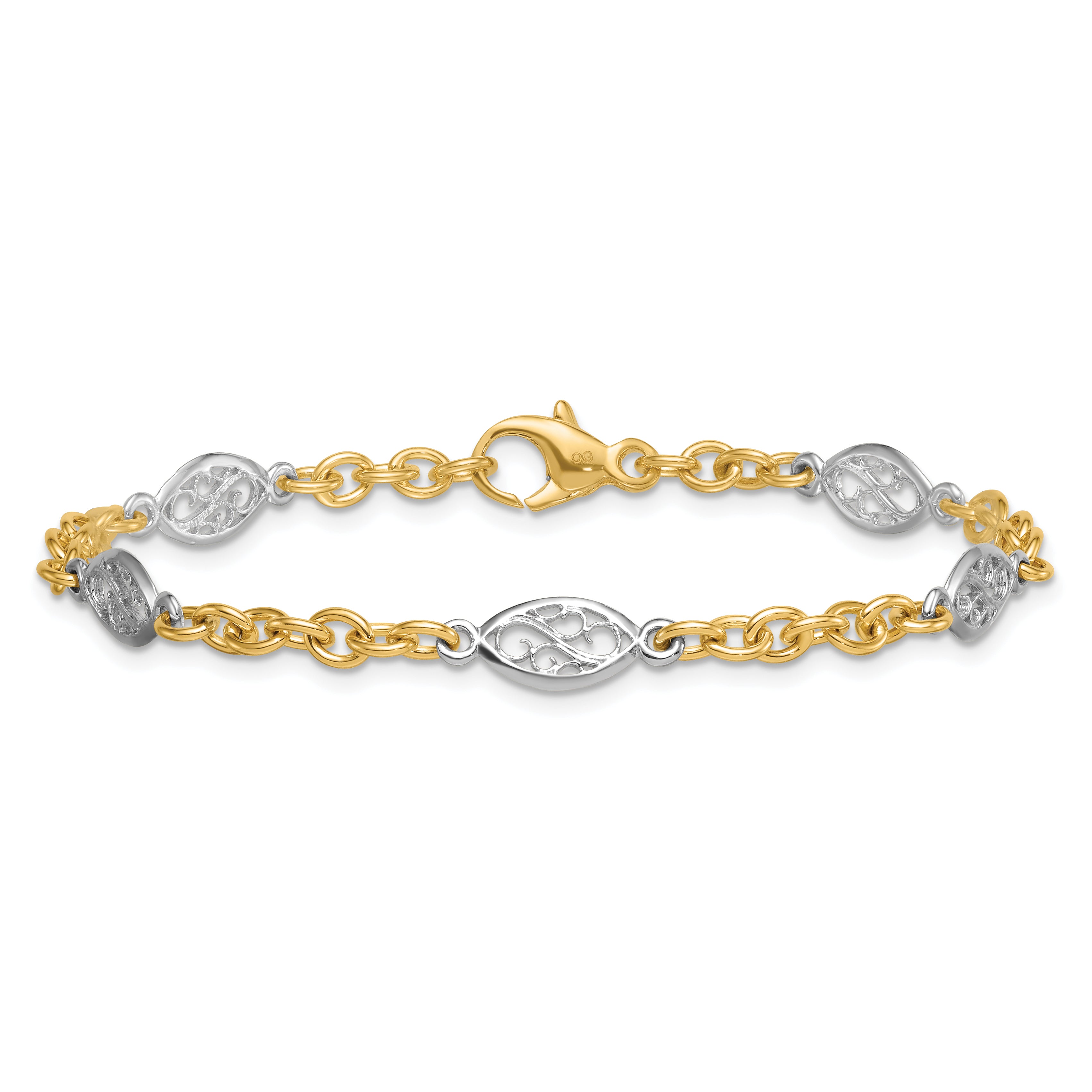 14k Two-tone Polished 6.5mm Fancy Cable Chain and Filigree Oval 7.25 inch Bracelet