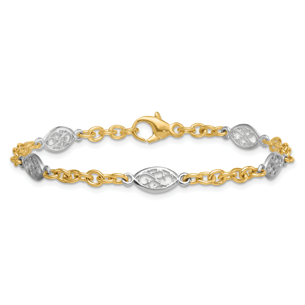 14k Two-tone Polished 6.5mm Fancy Cable Chain and Filigree Oval 7.25 inch Bracelet