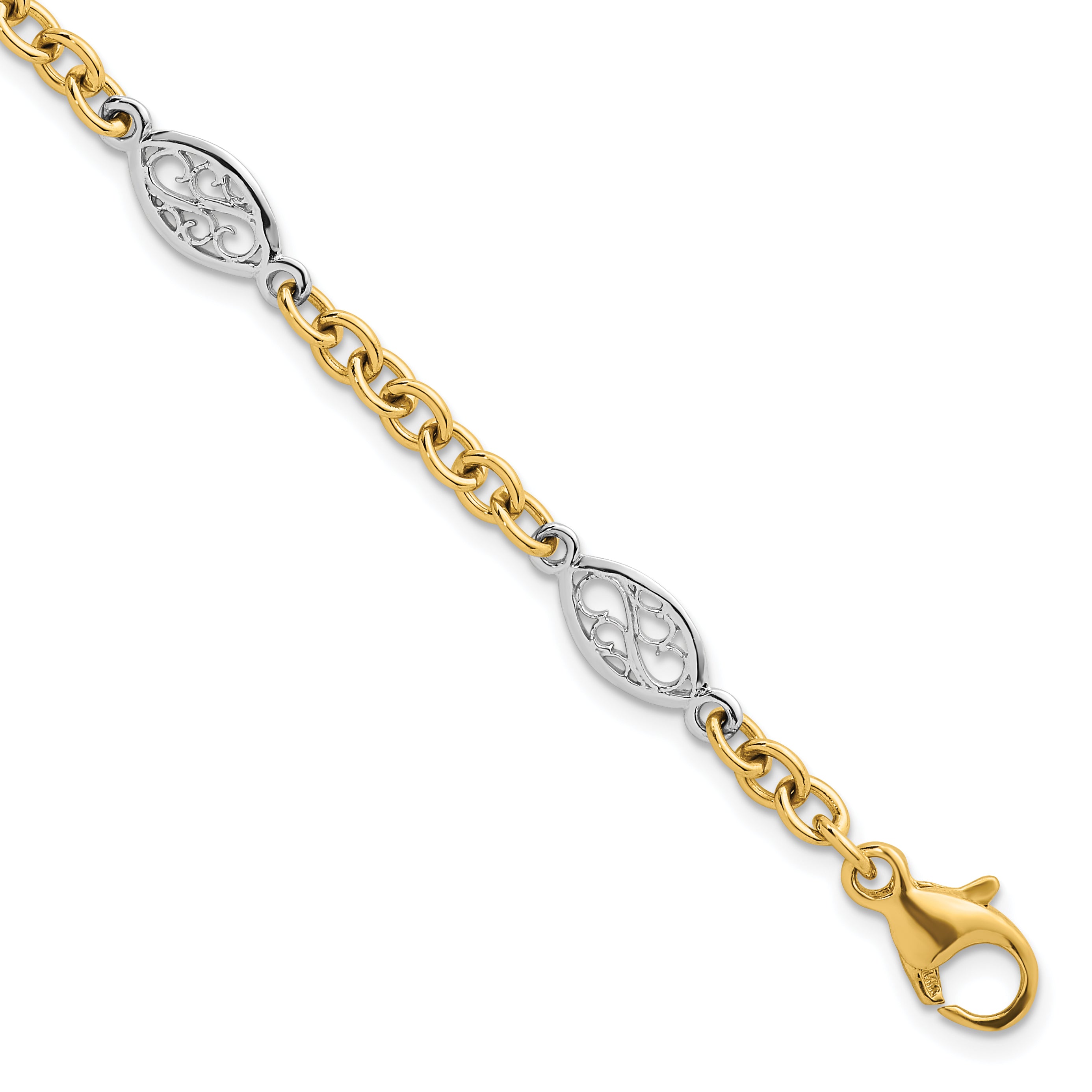 14k Two-tone Polished 6.5mm Fancy Cable Chain and Filigree Oval 7.25 inch Bracelet Main image